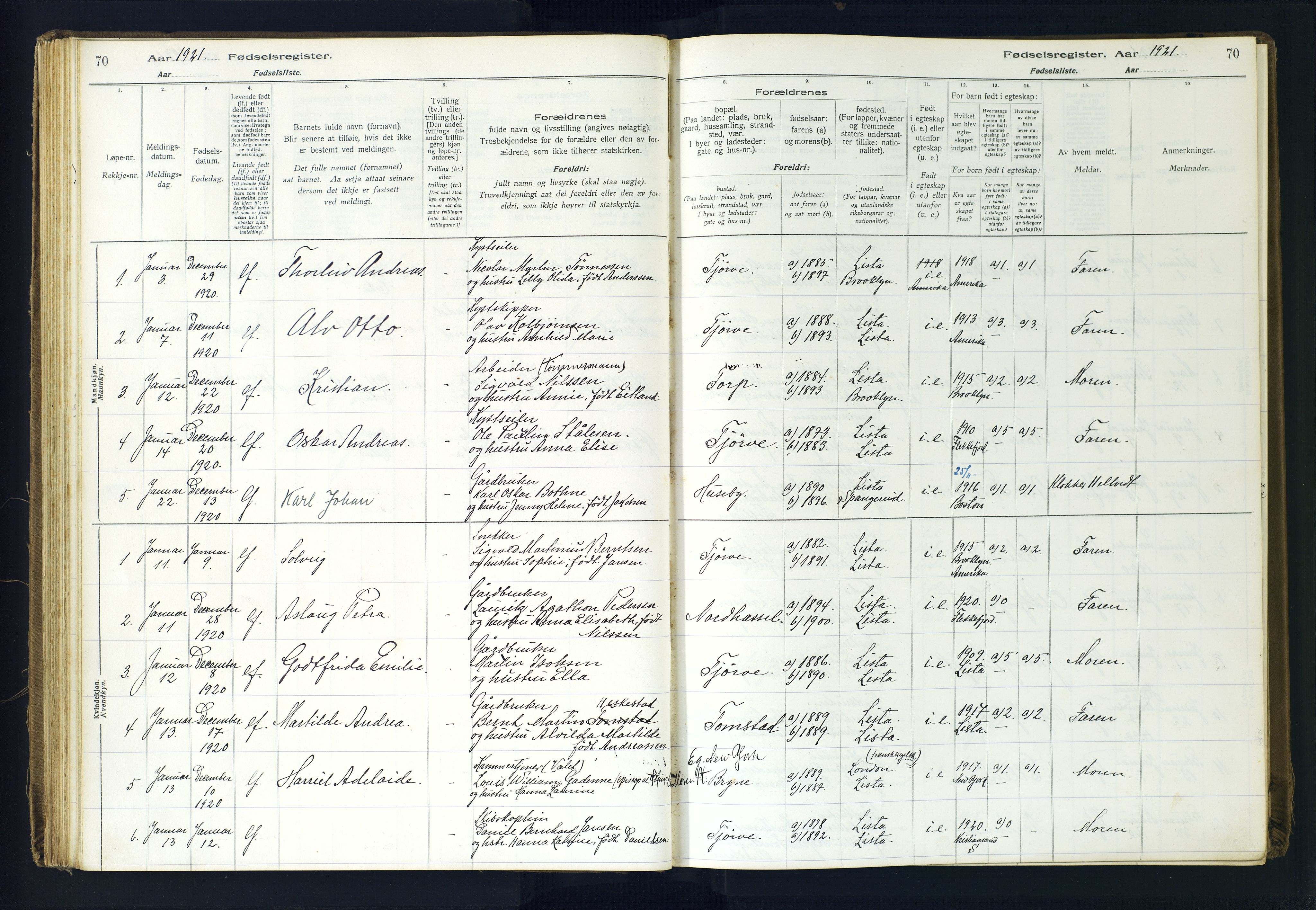 Lista sokneprestkontor, SAK/1111-0027/J/Ja/L0001: Fødselsregister nr. A-VI-30, 1916-1934, s. 70