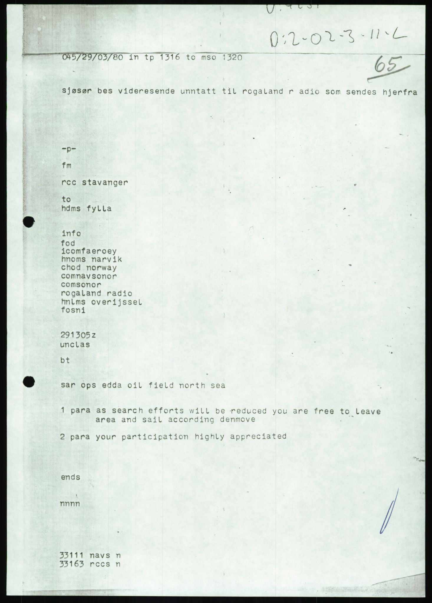 Justisdepartementet, Granskningskommisjonen ved Alexander Kielland-ulykken 27.3.1980, AV/RA-S-1165/D/L0017: P Hjelpefartøy (Doku.liste + P1-P6 av 6)/Q Hovedredningssentralen (Q0-Q27 av 27), 1980-1981, s. 211