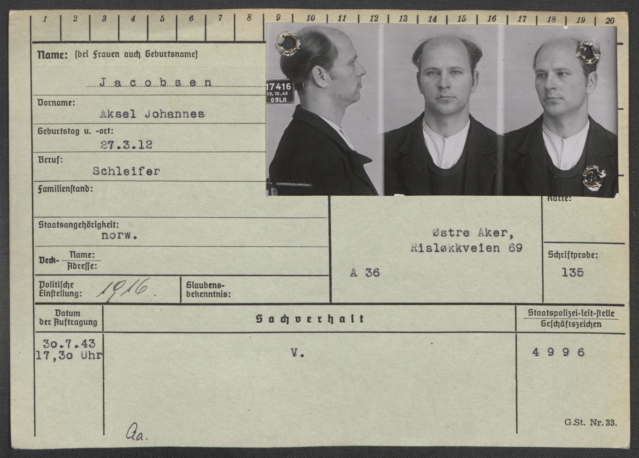 Befehlshaber der Sicherheitspolizei und des SD, RA/RAFA-5969/E/Ea/Eaa/L0005: Register over norske fanger i Møllergata 19: Hø-Kj, 1940-1945, s. 239