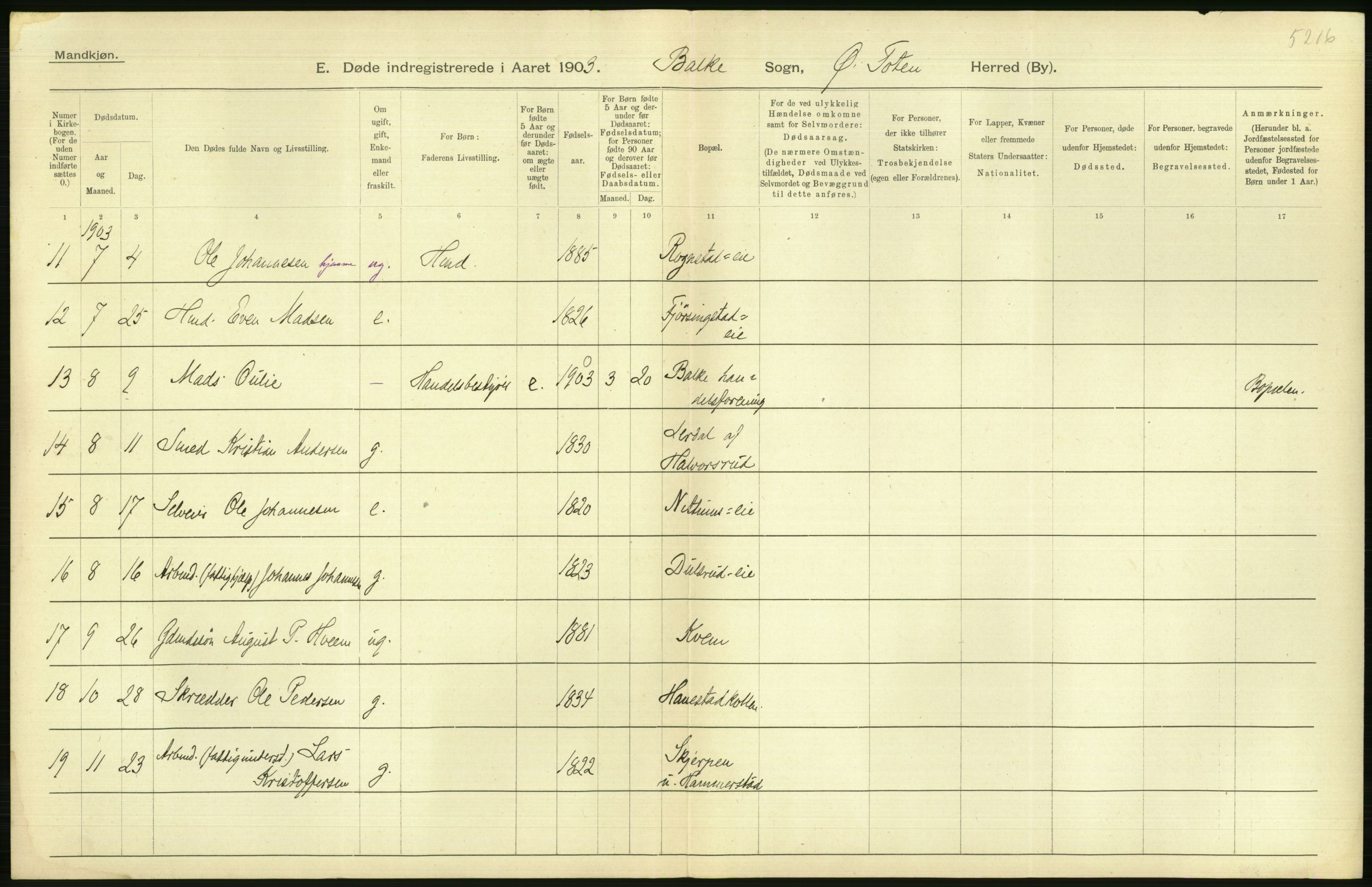 Statistisk sentralbyrå, Sosiodemografiske emner, Befolkning, AV/RA-S-2228/D/Df/Dfa/Dfaa/L0006: Kristians amt: Fødte, gifte, døde, 1903, s. 568