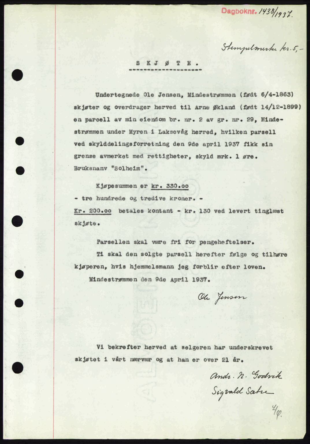 Midhordland sorenskriveri, SAB/A-3001/1/G/Gb/Gbk/L0001: Pantebok nr. A1-6, 1936-1937, Dagboknr: 1438/1937
