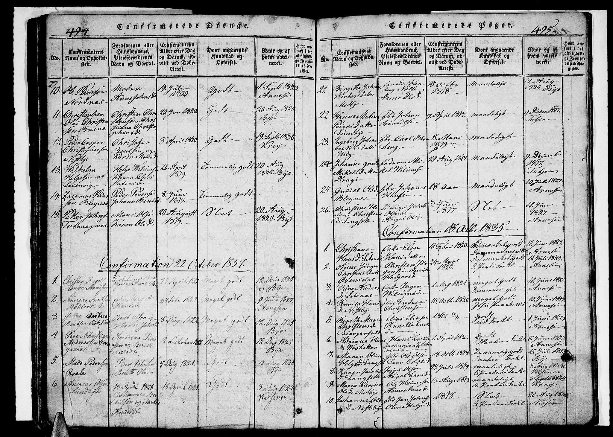 Ministerialprotokoller, klokkerbøker og fødselsregistre - Nordland, AV/SAT-A-1459/847/L0676: Klokkerbok nr. 847C04, 1821-1853, s. 494-495
