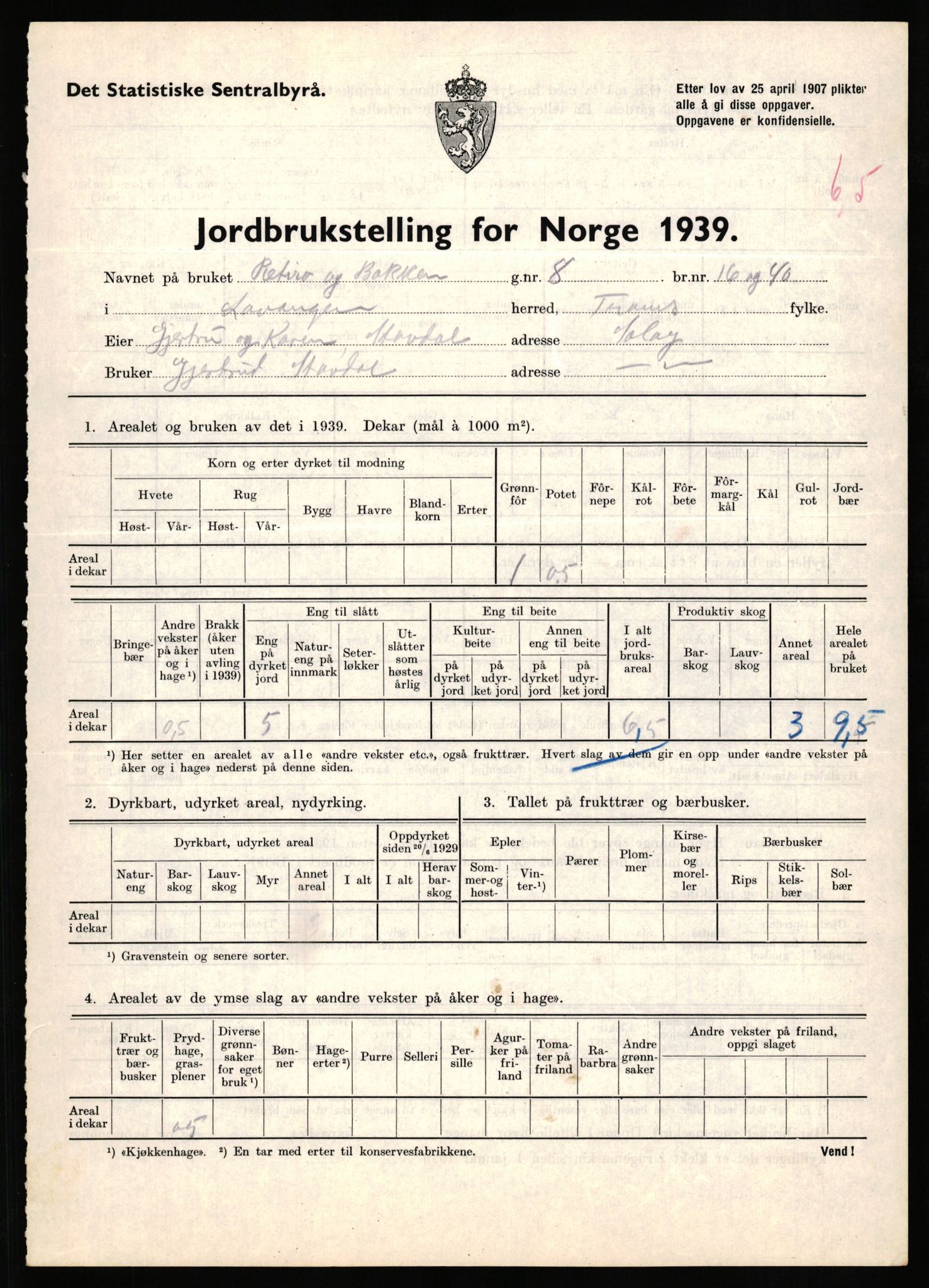 Statistisk sentralbyrå, Næringsøkonomiske emner, Jordbruk, skogbruk, jakt, fiske og fangst, AV/RA-S-2234/G/Gb/L0339: Troms: Andørja, Astafjord og Lavangen, 1939, s. 902