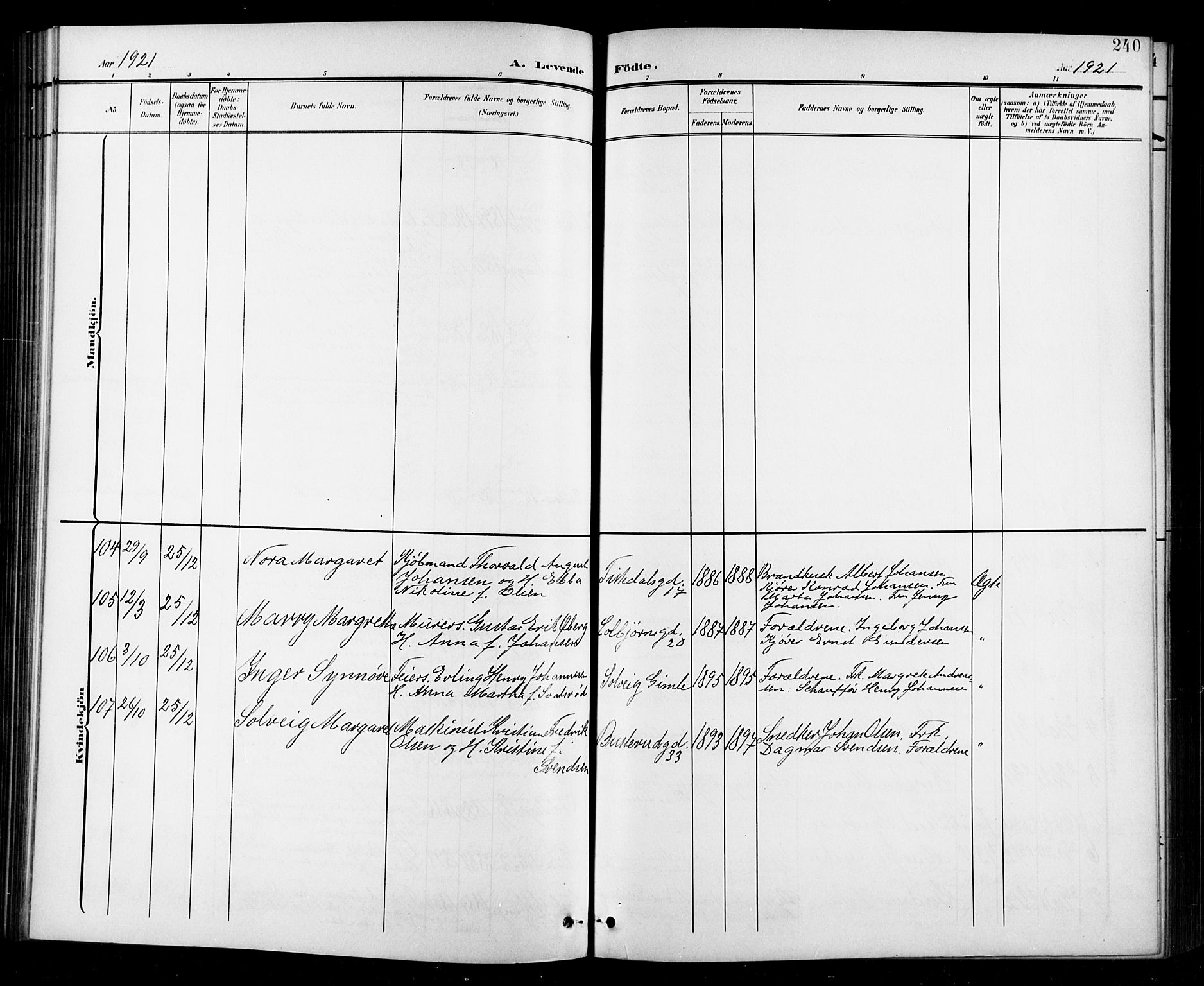 Halden prestekontor Kirkebøker, AV/SAO-A-10909/G/Ga/L0010: Klokkerbok nr. 10, 1900-1923, s. 240