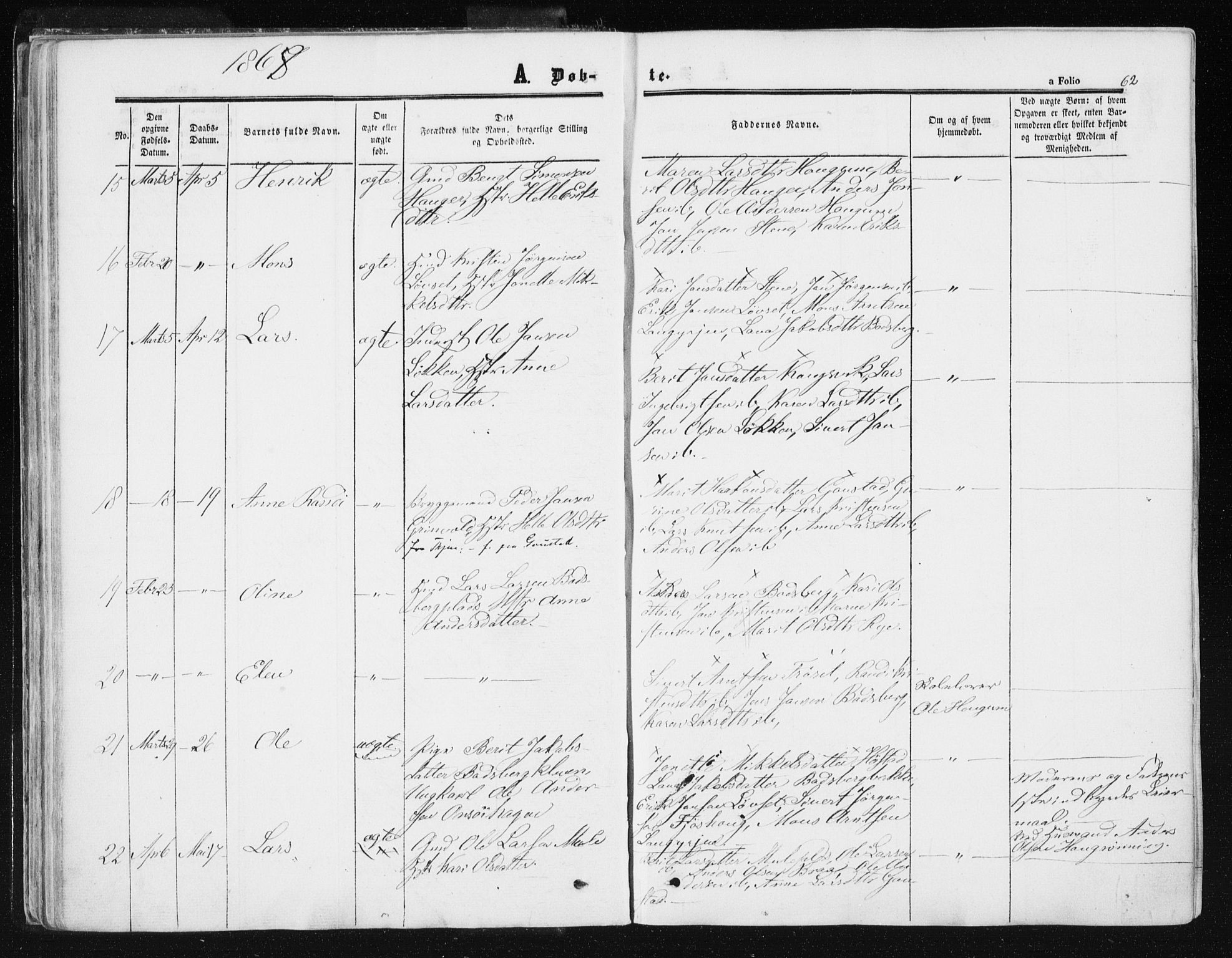 Ministerialprotokoller, klokkerbøker og fødselsregistre - Sør-Trøndelag, SAT/A-1456/612/L0377: Ministerialbok nr. 612A09, 1859-1877, s. 62