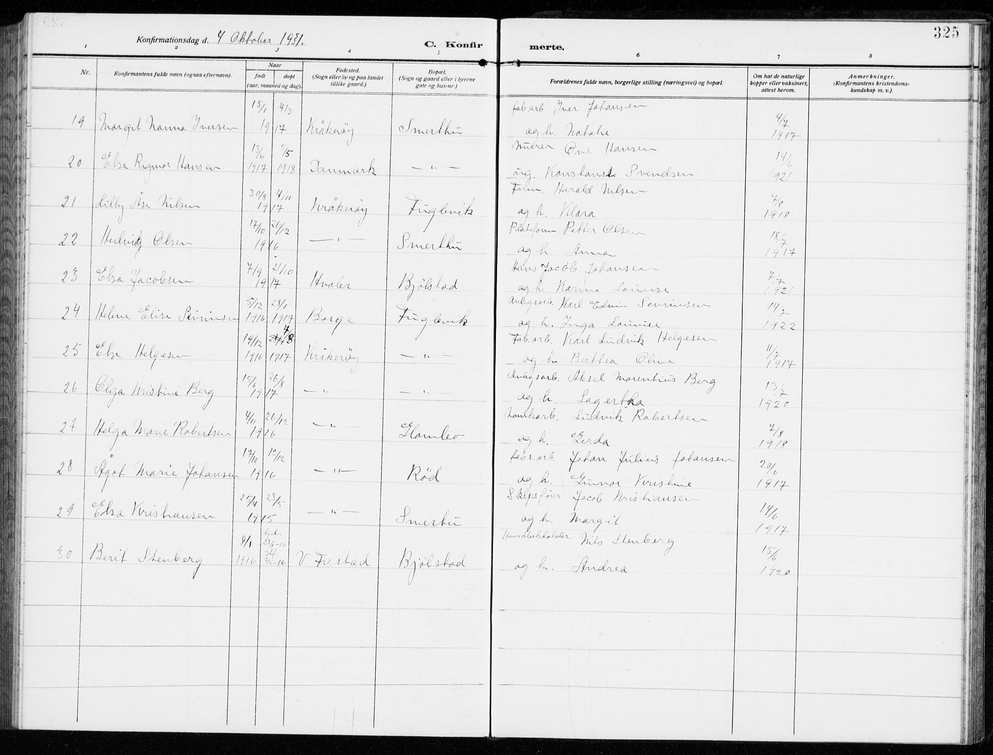 Kråkerøy prestekontor Kirkebøker, AV/SAO-A-10912/G/Ga/L0001: Klokkerbok nr. 1, 1908-1944, s. 325