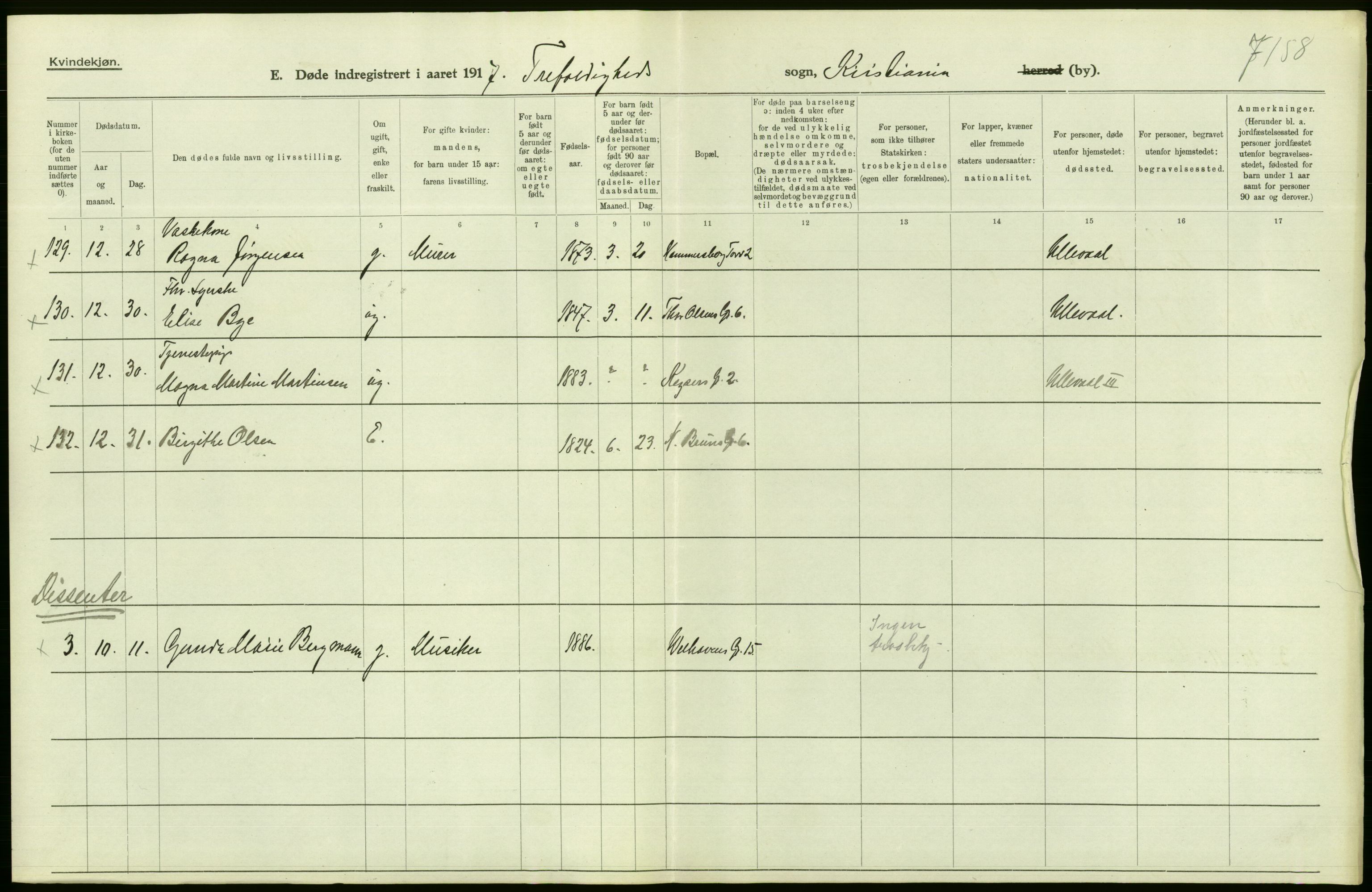 Statistisk sentralbyrå, Sosiodemografiske emner, Befolkning, AV/RA-S-2228/D/Df/Dfb/Dfbg/L0010: Kristiania: Døde, 1917, s. 58