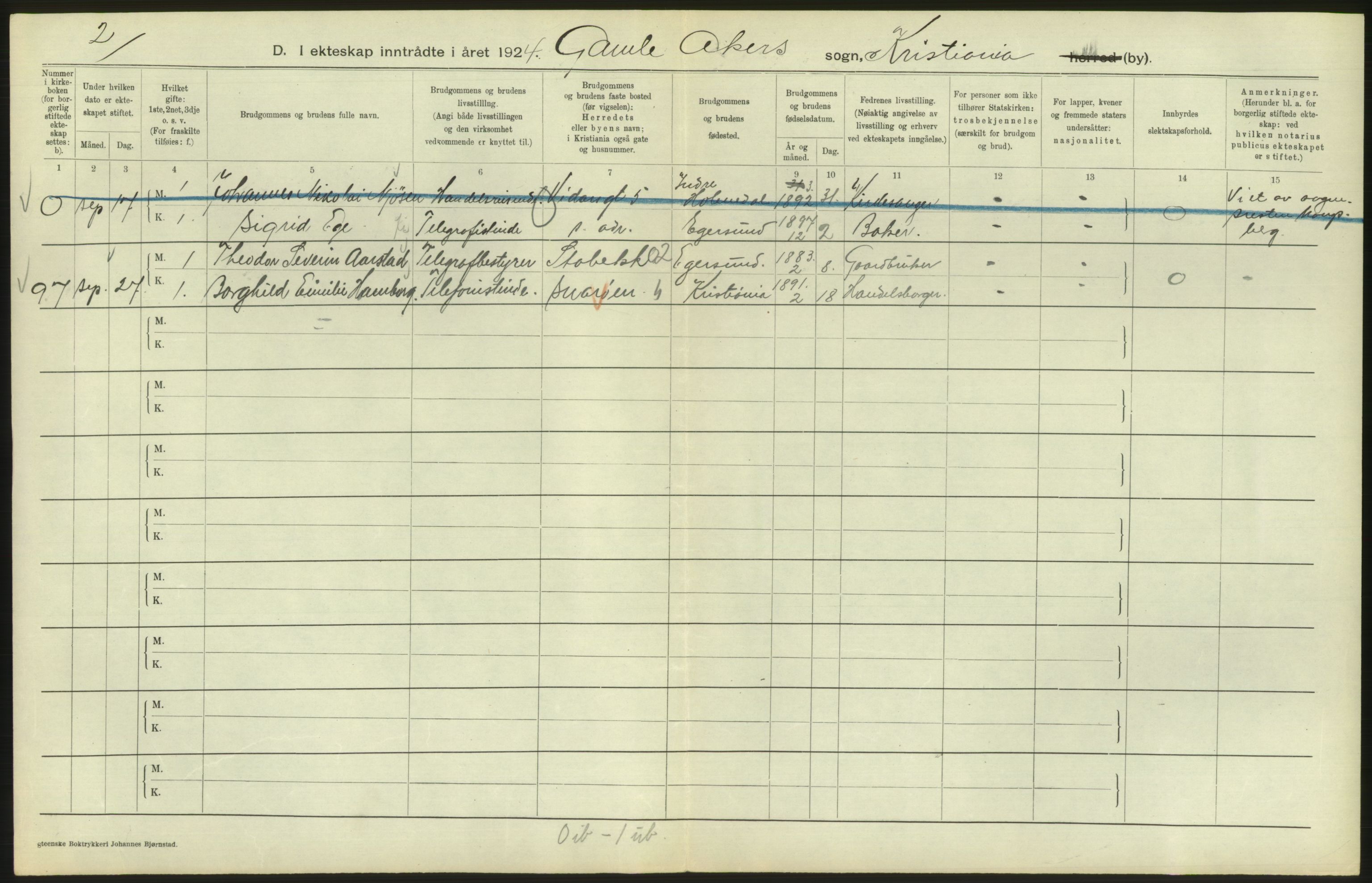 Statistisk sentralbyrå, Sosiodemografiske emner, Befolkning, AV/RA-S-2228/D/Df/Dfc/Dfcd/L0007: Kristiania: Gifte, 1924, s. 318