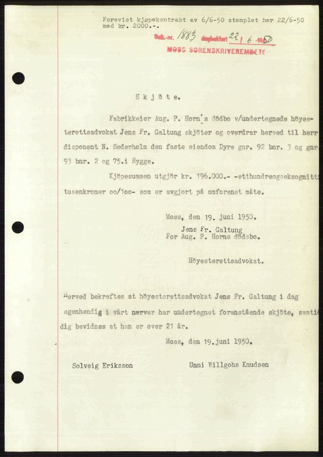 Moss sorenskriveri, SAO/A-10168: Pantebok nr. A26, 1950-1950, Dagboknr: 1883/1950
