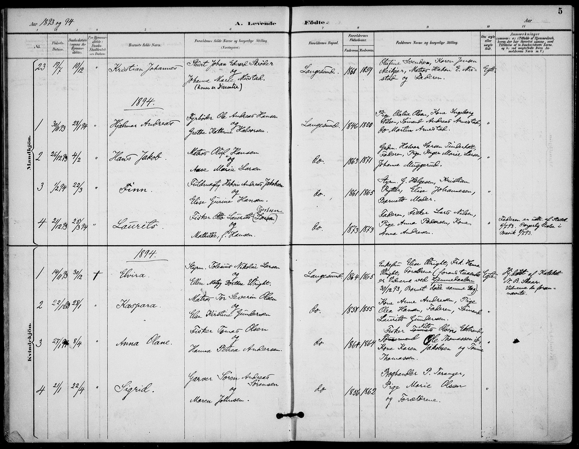Langesund kirkebøker, AV/SAKO-A-280/F/Fa/L0003: Ministerialbok nr. 3, 1893-1907, s. 5