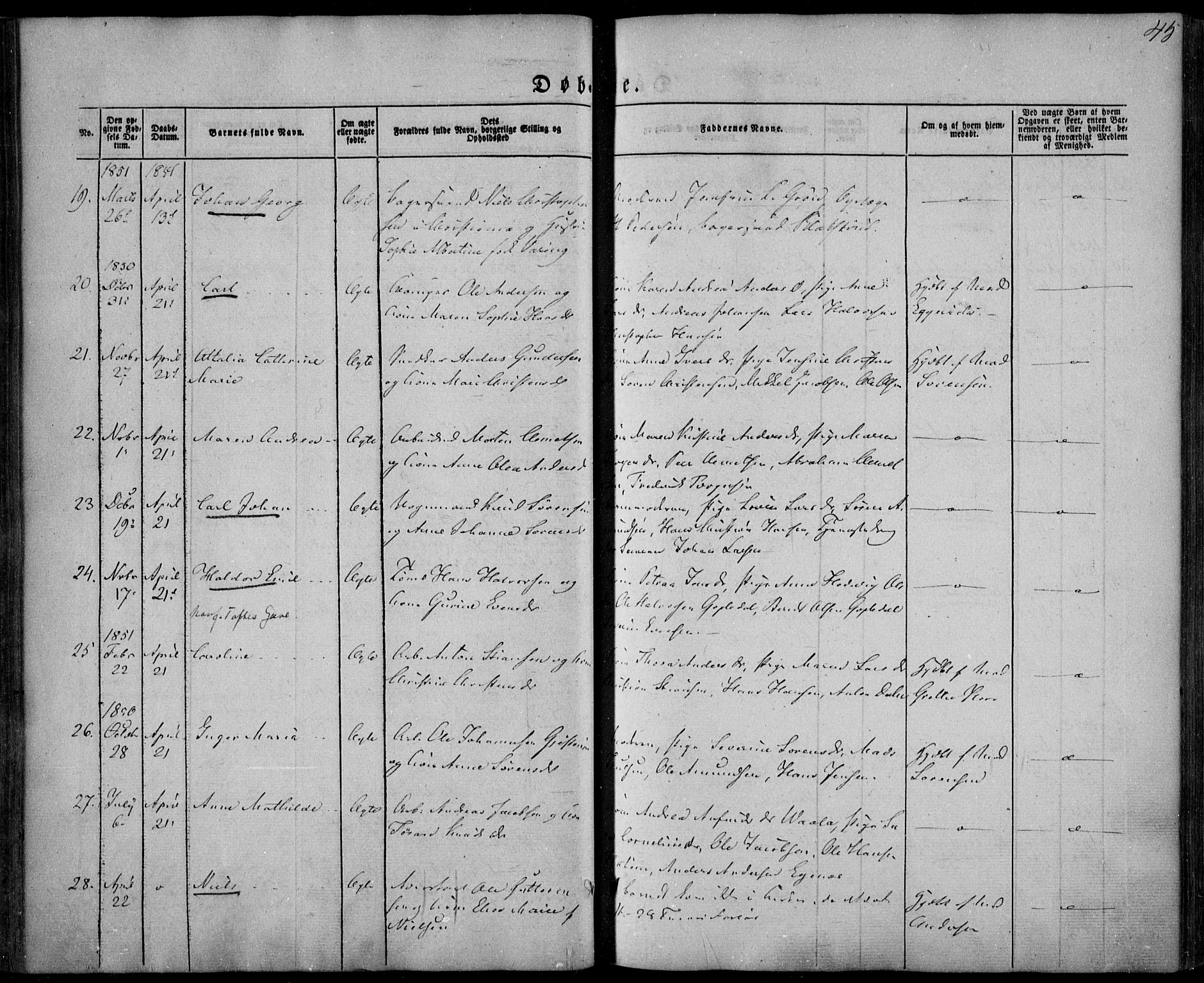 Larvik kirkebøker, AV/SAKO-A-352/F/Fa/L0003: Ministerialbok nr. I 3, 1848-1856, s. 45