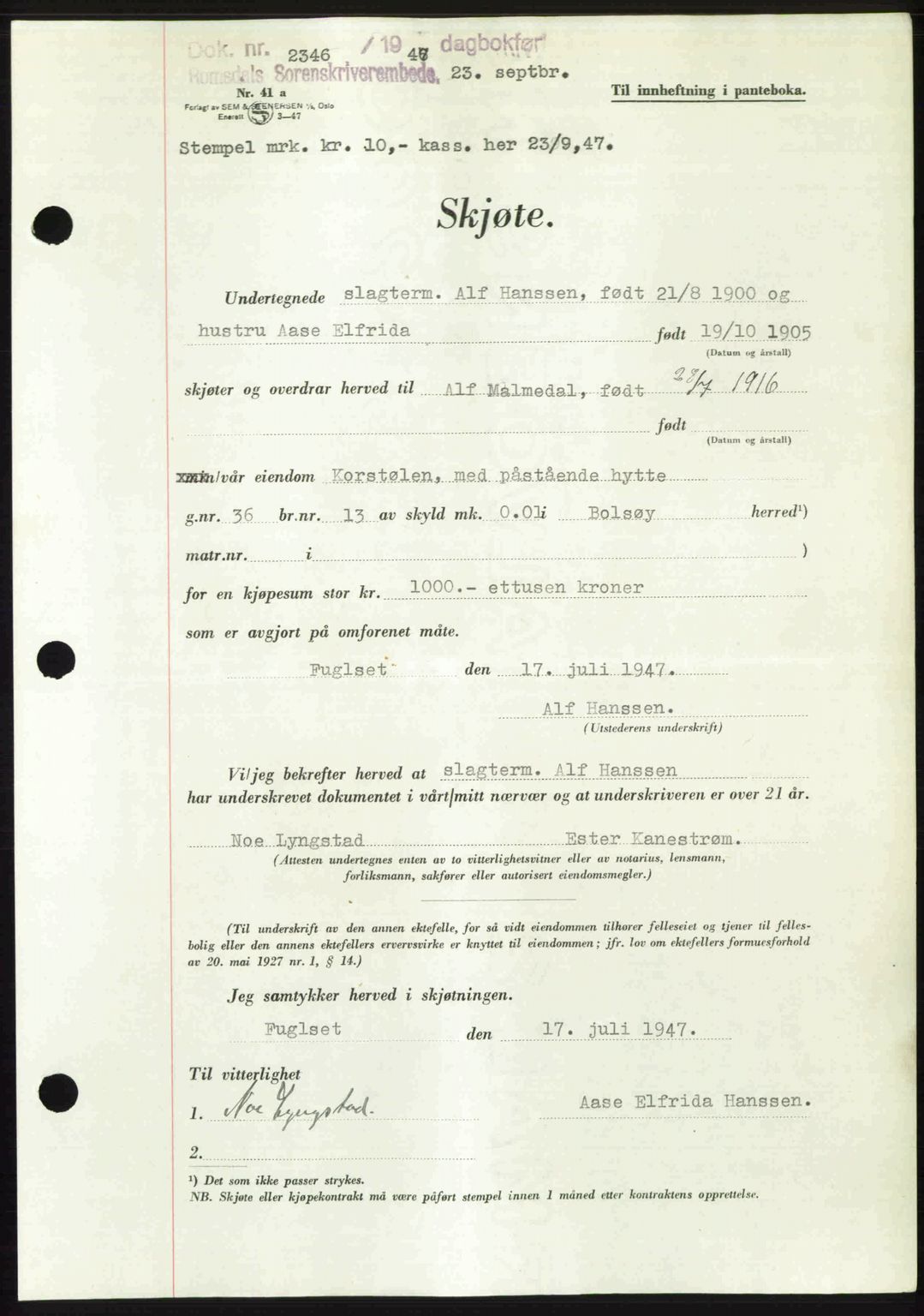 Romsdal sorenskriveri, AV/SAT-A-4149/1/2/2C: Pantebok nr. A24, 1947-1947, Dagboknr: 2346/1947