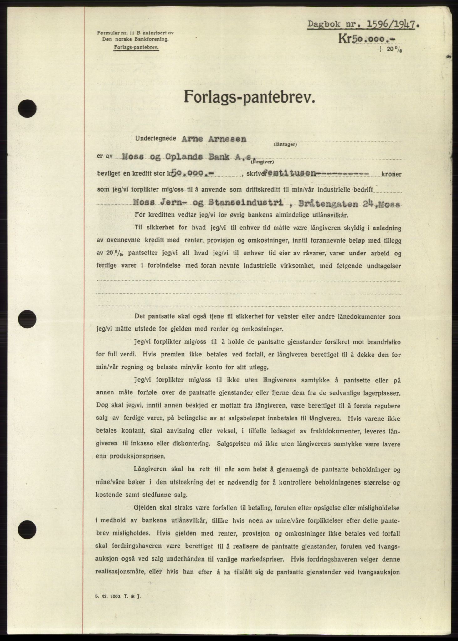 Moss sorenskriveri, SAO/A-10168: Pantebok nr. B17, 1947-1947, Dagboknr: 1596/1947