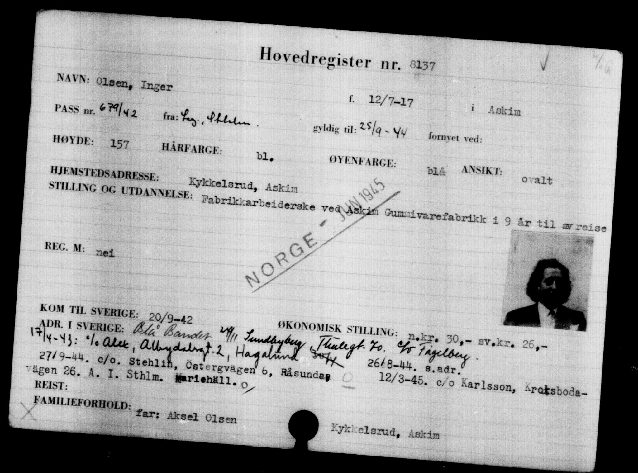 Utenriksstasjonene, Legasjonen i Stockholm, Flyktningkontoret, AV/RA-S-6753/V/Va/L0005: Kjesäterkartoteket, flyktninger med registreringsnr. 6600-9417, 1940-1945, s. 1796