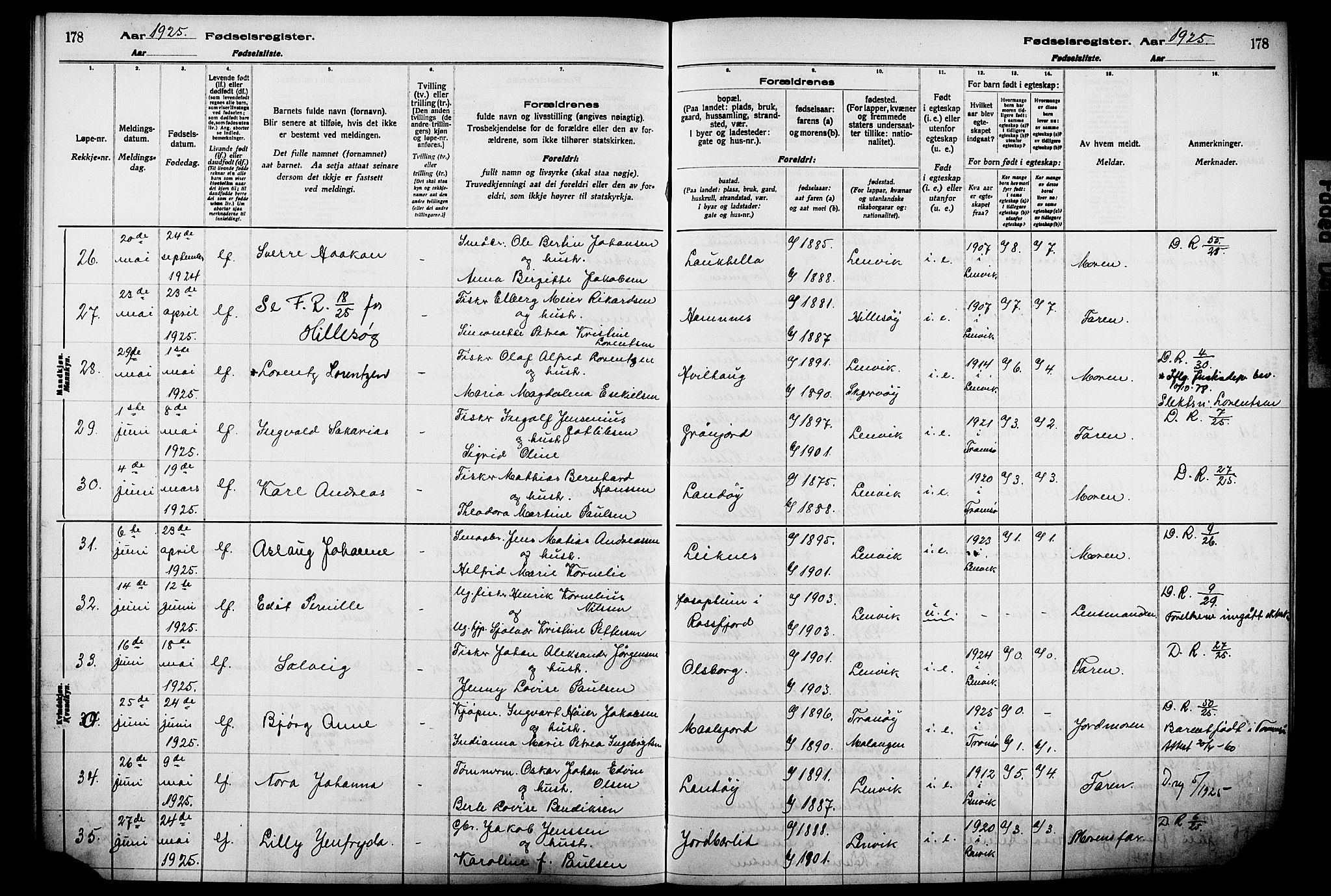 Lenvik sokneprestembete, AV/SATØ-S-1310/I/Ic/L0089: Fødselsregister nr. 89, 1916-1926, s. 178
