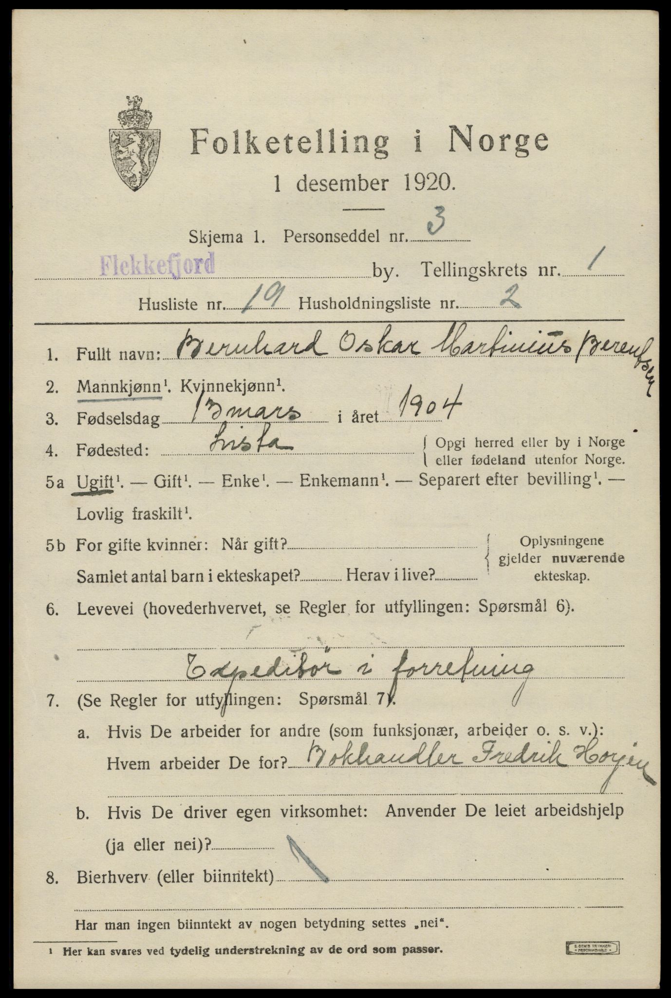 SAK, Folketelling 1920 for 1004 Flekkefjord kjøpstad, 1920, s. 2072
