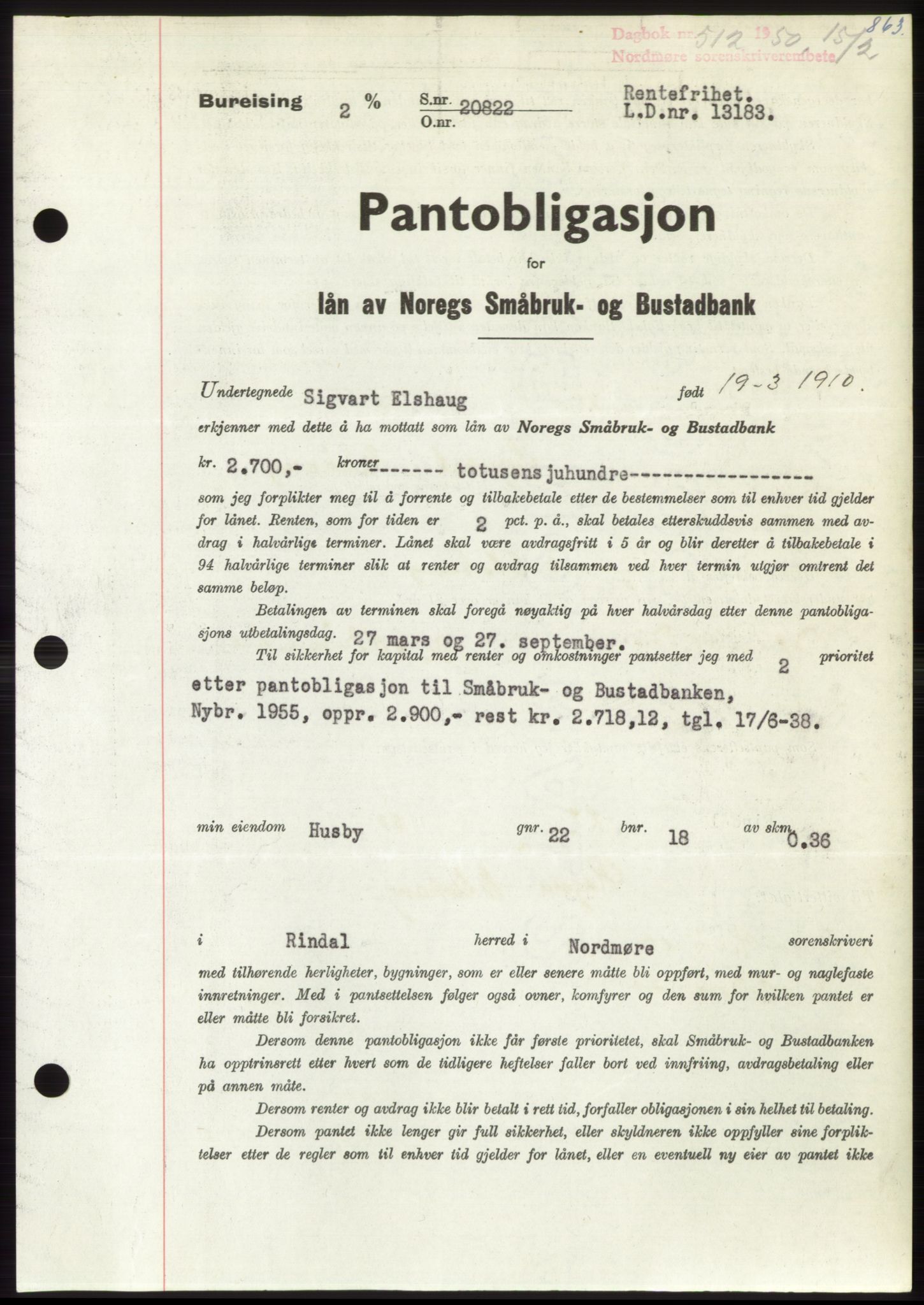 Nordmøre sorenskriveri, SAT/A-4132/1/2/2Ca: Pantebok nr. B103, 1949-1950, Dagboknr: 512/1950