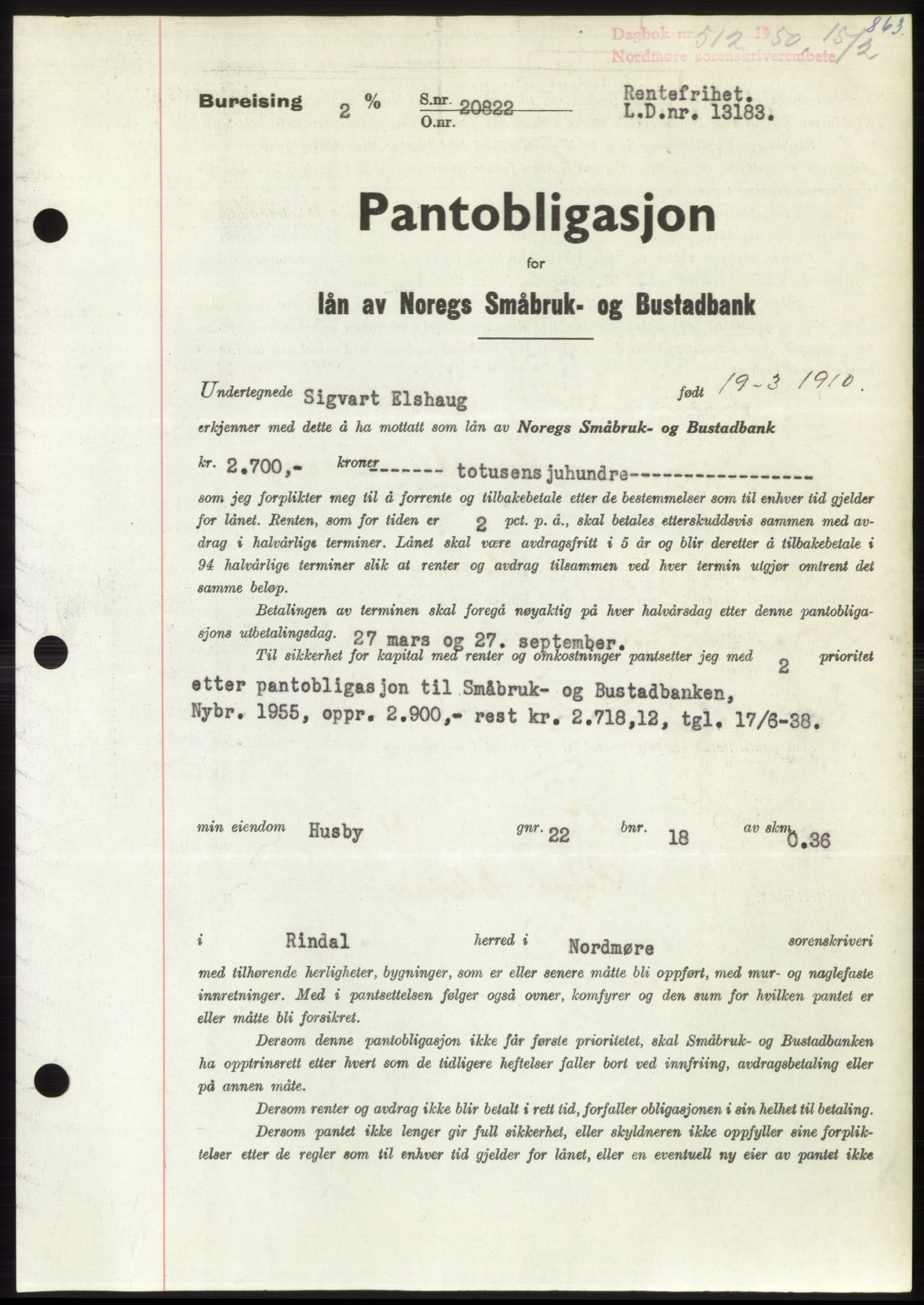 Nordmøre sorenskriveri, AV/SAT-A-4132/1/2/2Ca: Pantebok nr. B103, 1949-1950, Dagboknr: 512/1950