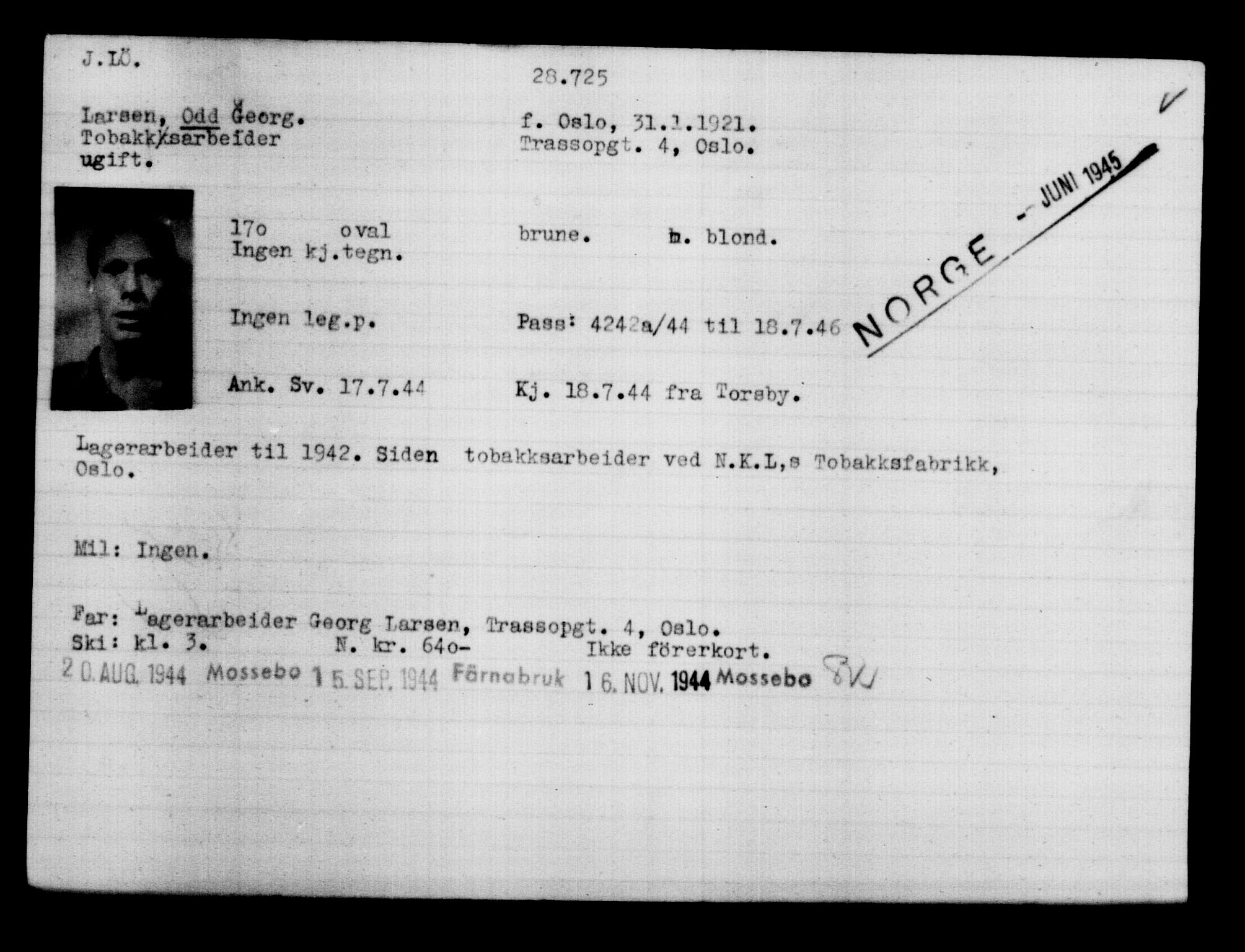 Utenriksstasjonene, Legasjonen i Stockholm, Flyktningkontoret, AV/RA-S-6753/V/Va/L0012: Kjesäterkartoteket, flyktninger med registreringsnr. 28300-31566, 1940-1945, s. 454