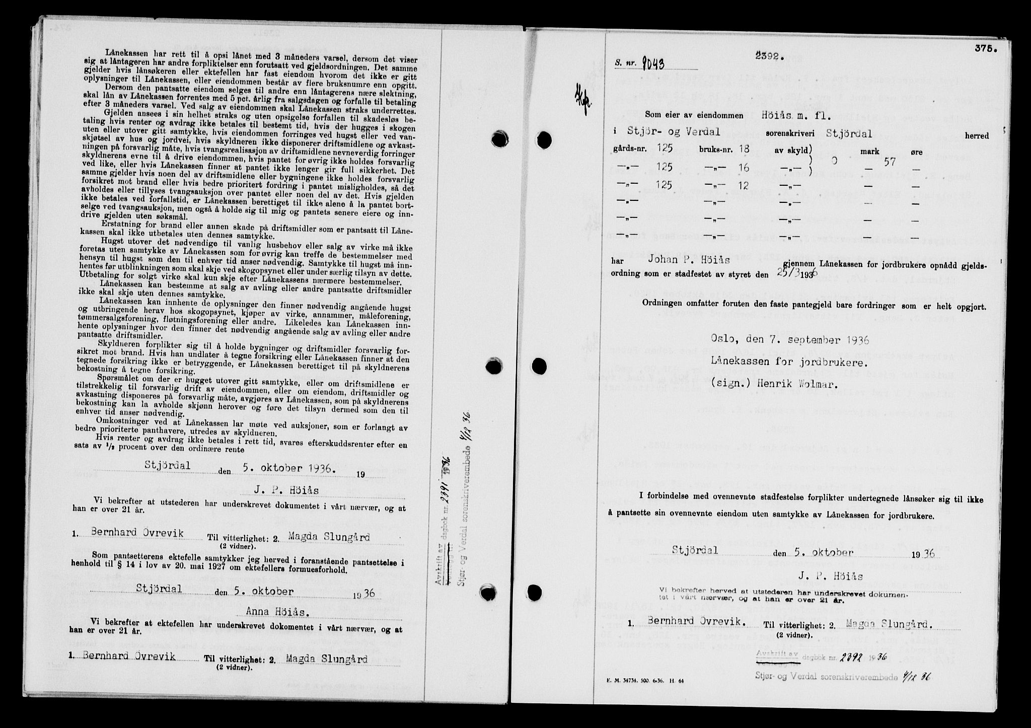 Stjør- og Verdal sorenskriveri, SAT/A-4167/1/2/2C/L0078: Pantebok nr. 46, 1936-1937, Dagboknr: 2392/1936