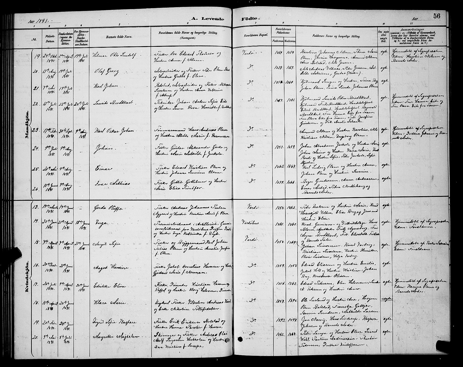 Vardø sokneprestkontor, AV/SATØ-S-1332/H/Hb/L0005klokker: Klokkerbok nr. 5, 1887-1892, s. 56
