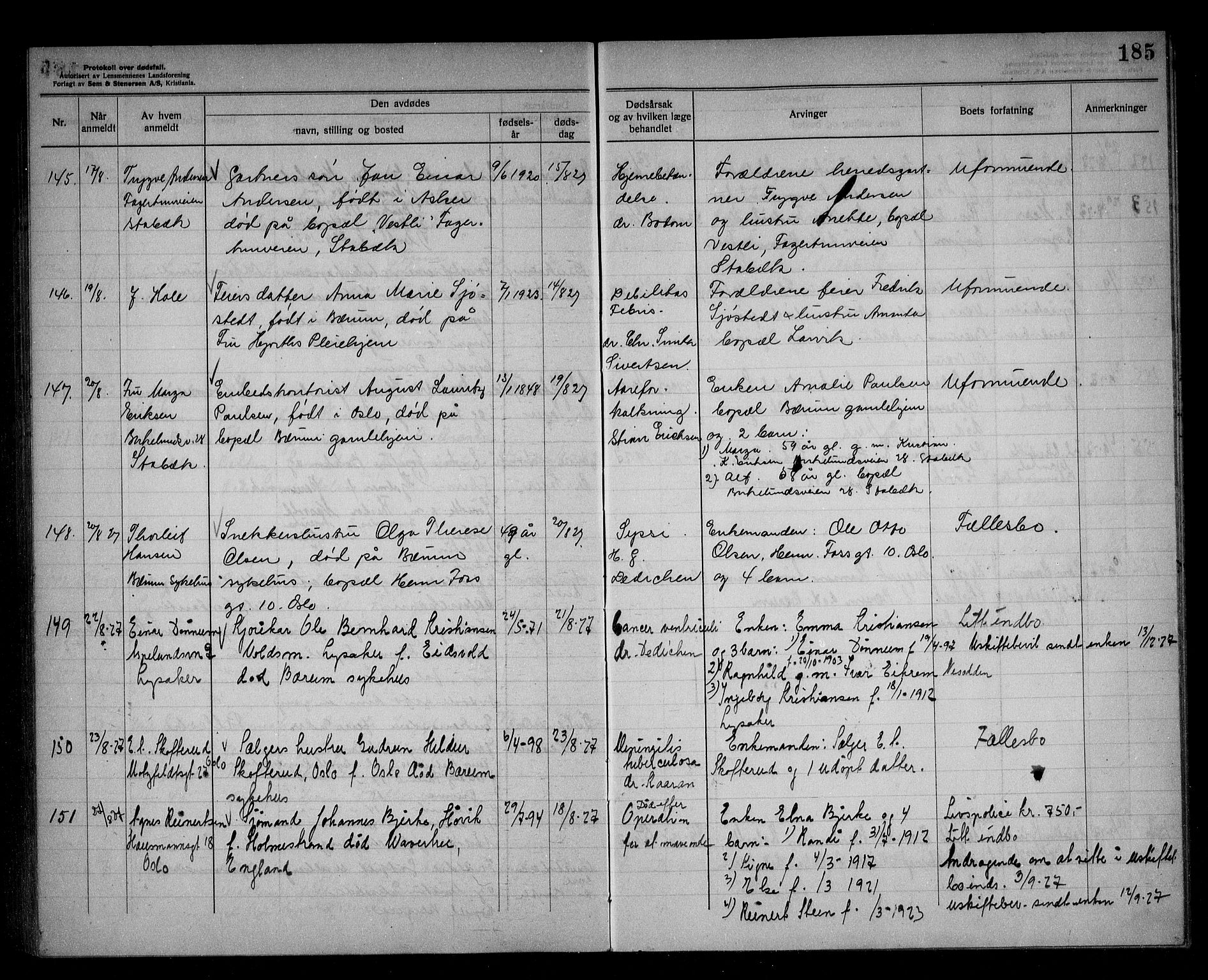 Bærum lensmannskontor, SAO/A-10277/H/Ha/Haa/L0006: Dødsanmeldelsesprotokoll, 1922-1928, s. 185