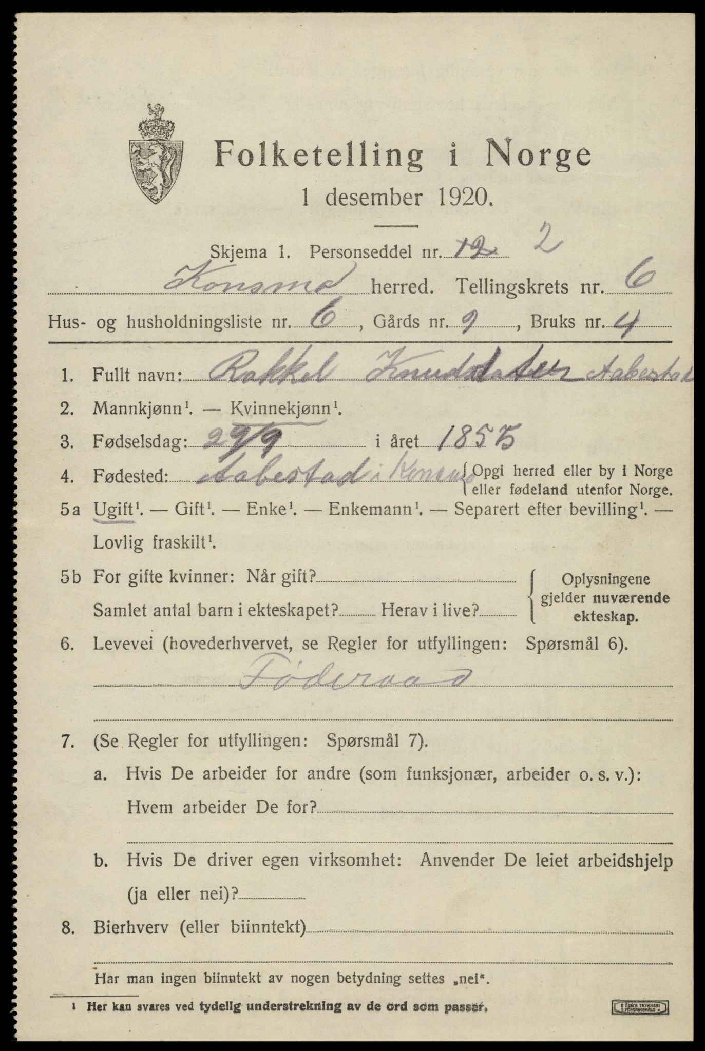 SAK, Folketelling 1920 for 1027 Konsmo herred, 1920, s. 1422