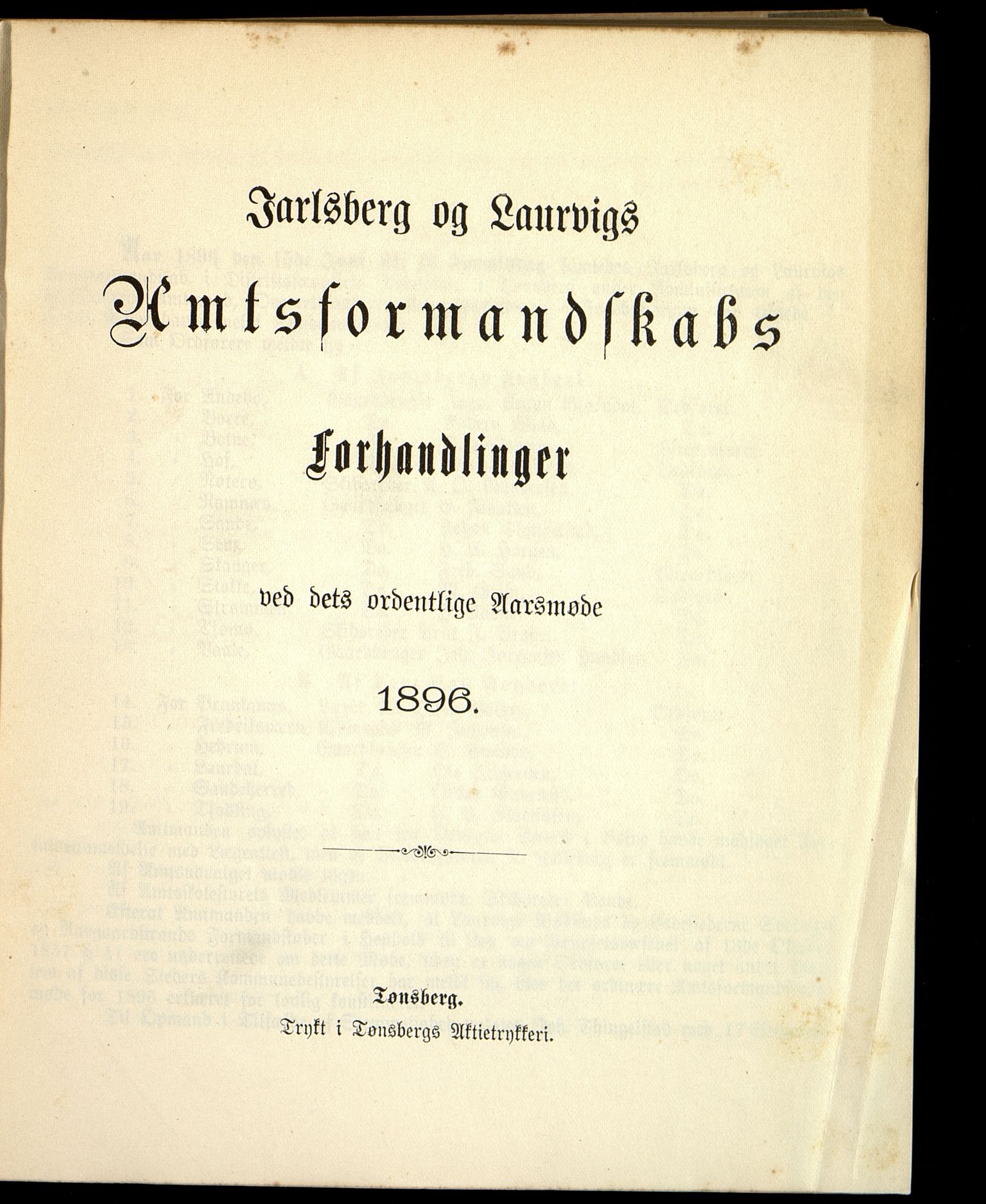 Vestfold fylkeskommune. Fylkestinget, VEMU/A-1315/A/Ab/Abb/L0043: Fylkestingsforhandlinger, 1896