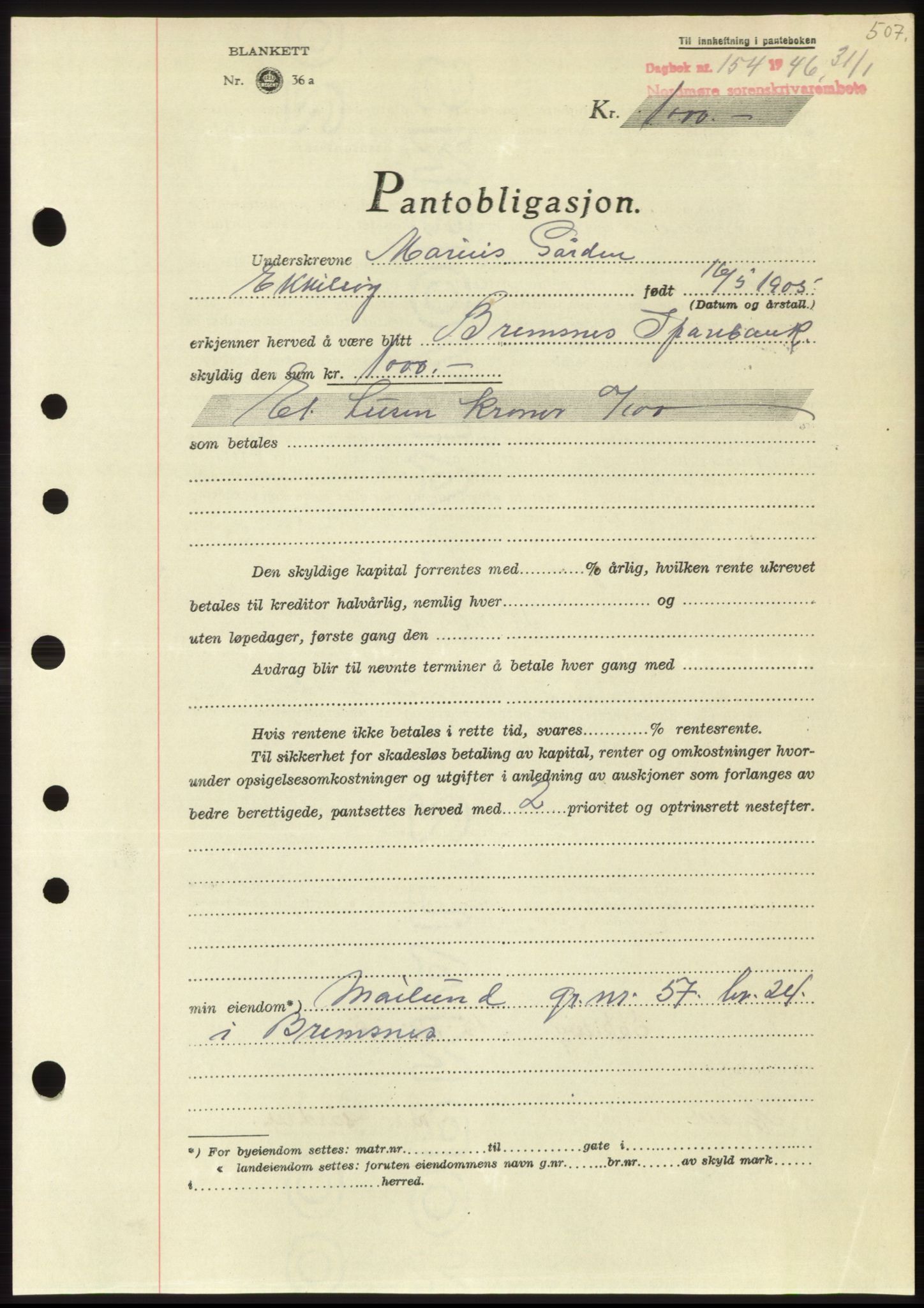 Nordmøre sorenskriveri, SAT/A-4132/1/2/2Ca: Pantebok nr. B93b, 1946-1946, Dagboknr: 154/1946