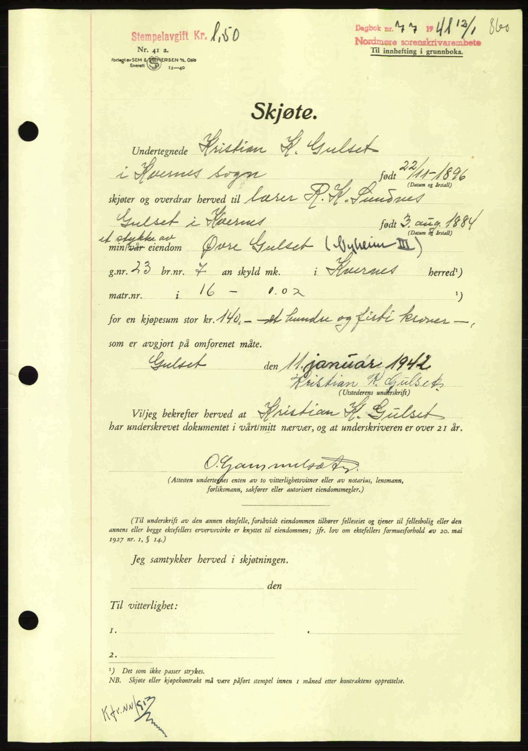 Nordmøre sorenskriveri, AV/SAT-A-4132/1/2/2Ca: Pantebok nr. A91, 1941-1942, Dagboknr: 77/1942