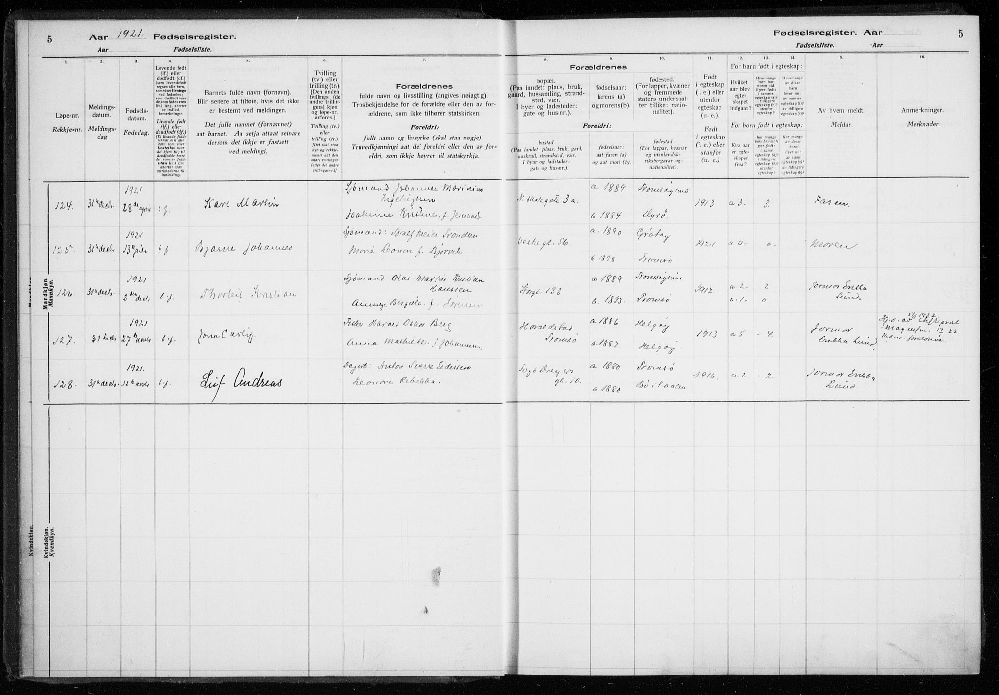 Tromsø sokneprestkontor/stiftsprosti/domprosti, AV/SATØ-S-1343/H/Ha/L0132: Fødselsregister nr. 132, 1921-1927, s. 5