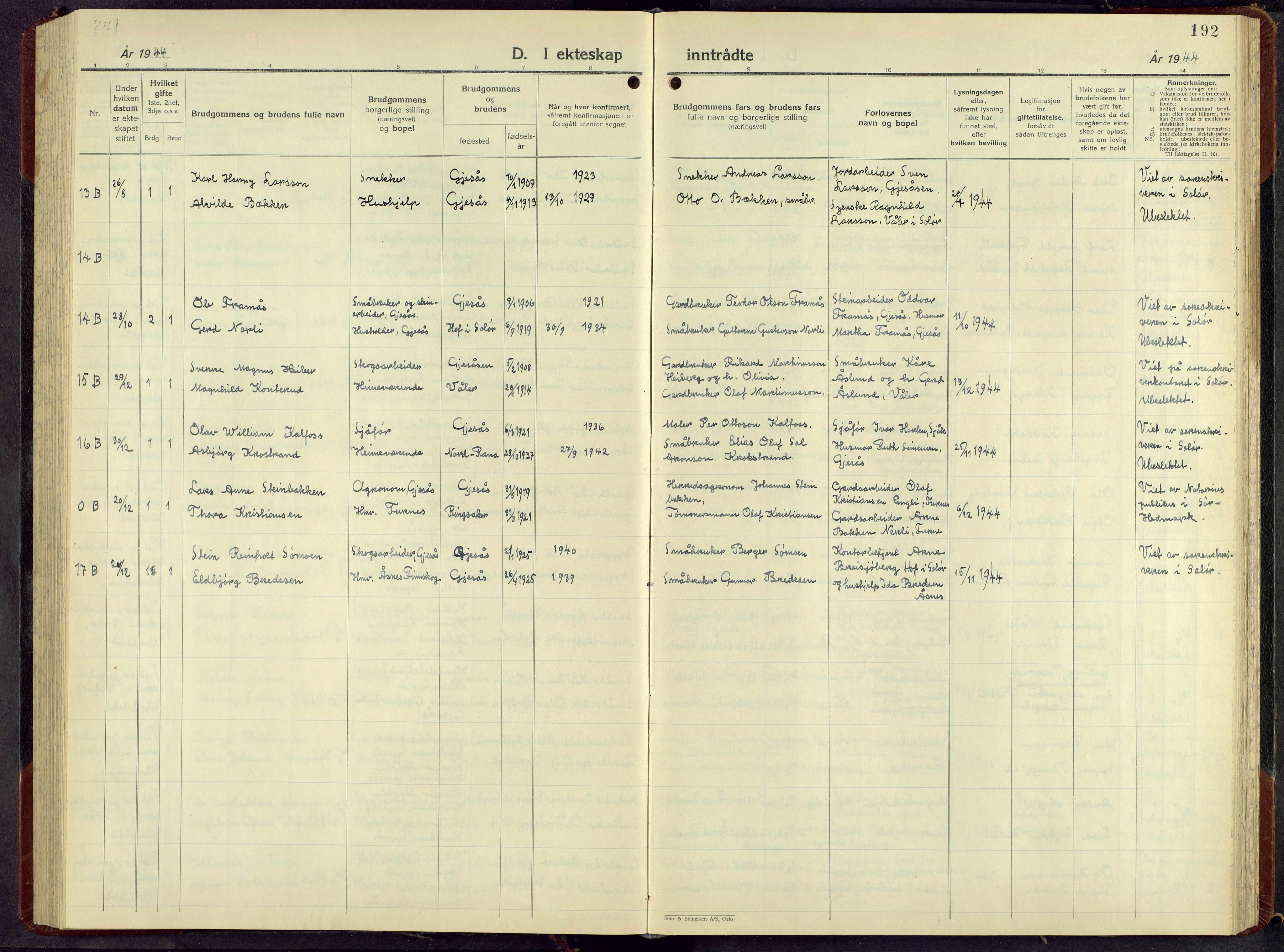 Åsnes prestekontor, AV/SAH-PREST-042/H/Ha/Hab/L0013: Klokkerbok nr. 13, 1943-1966, s. 192