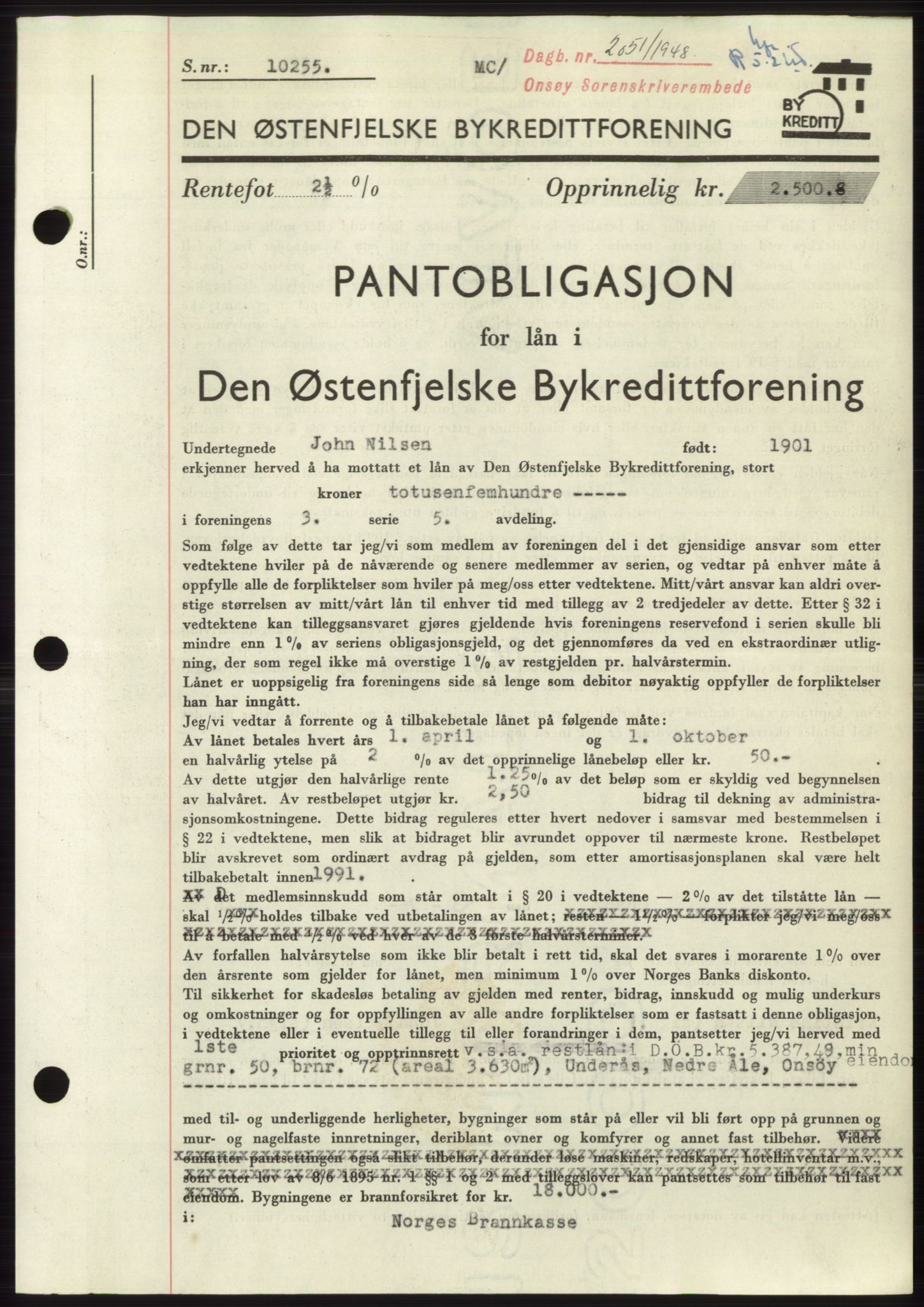 Onsøy sorenskriveri, SAO/A-10474/G/Ga/Gac/L0007: Pantebok nr. B 14-7, 1948-1948, Dagboknr: 2051/1948