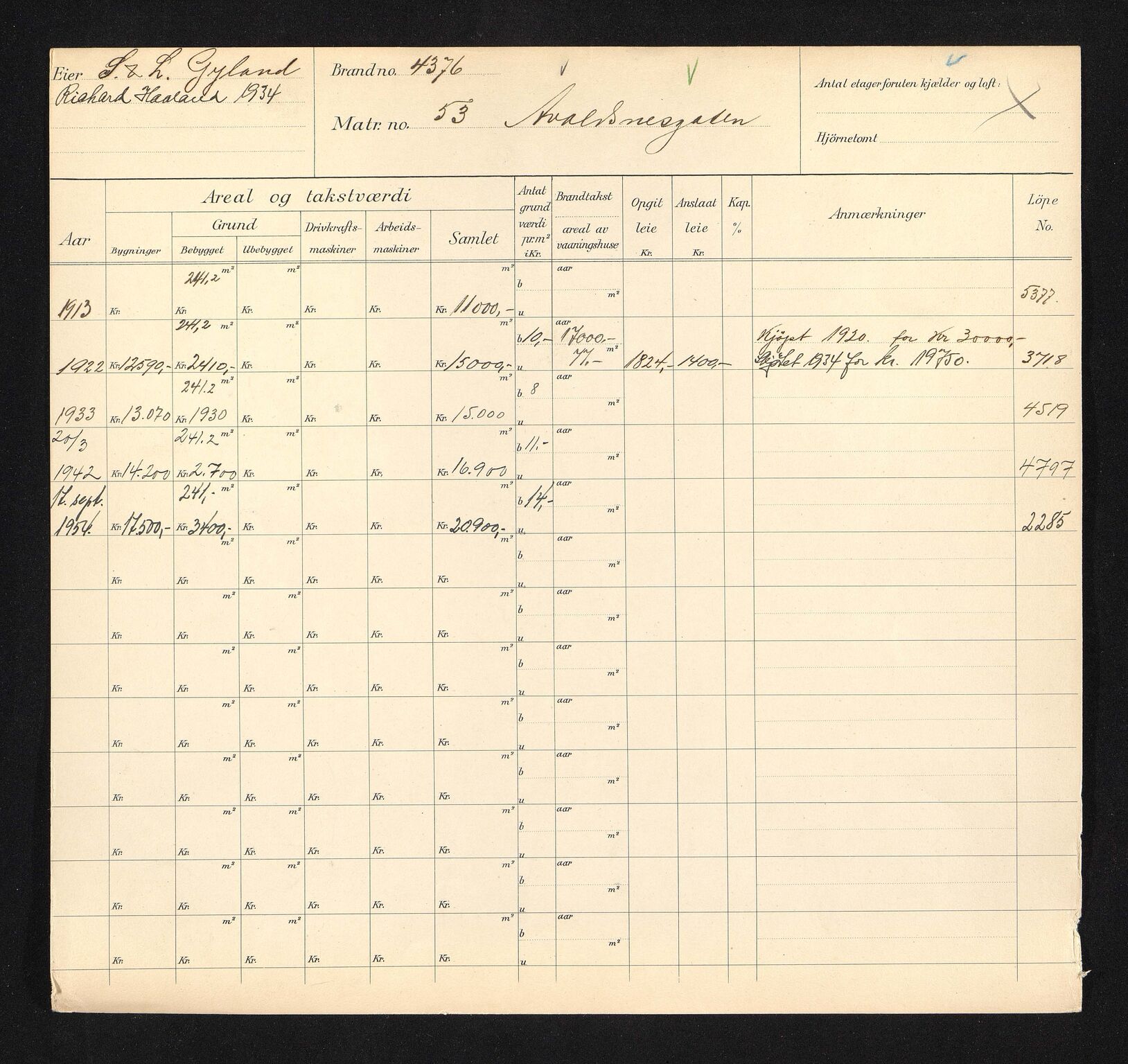 Stavanger kommune. Skattetakstvesenet, BYST/A-0440/F/Fa/Faa/L0003/0004: Skattetakstkort / Avaldsnesgata 53 - 100