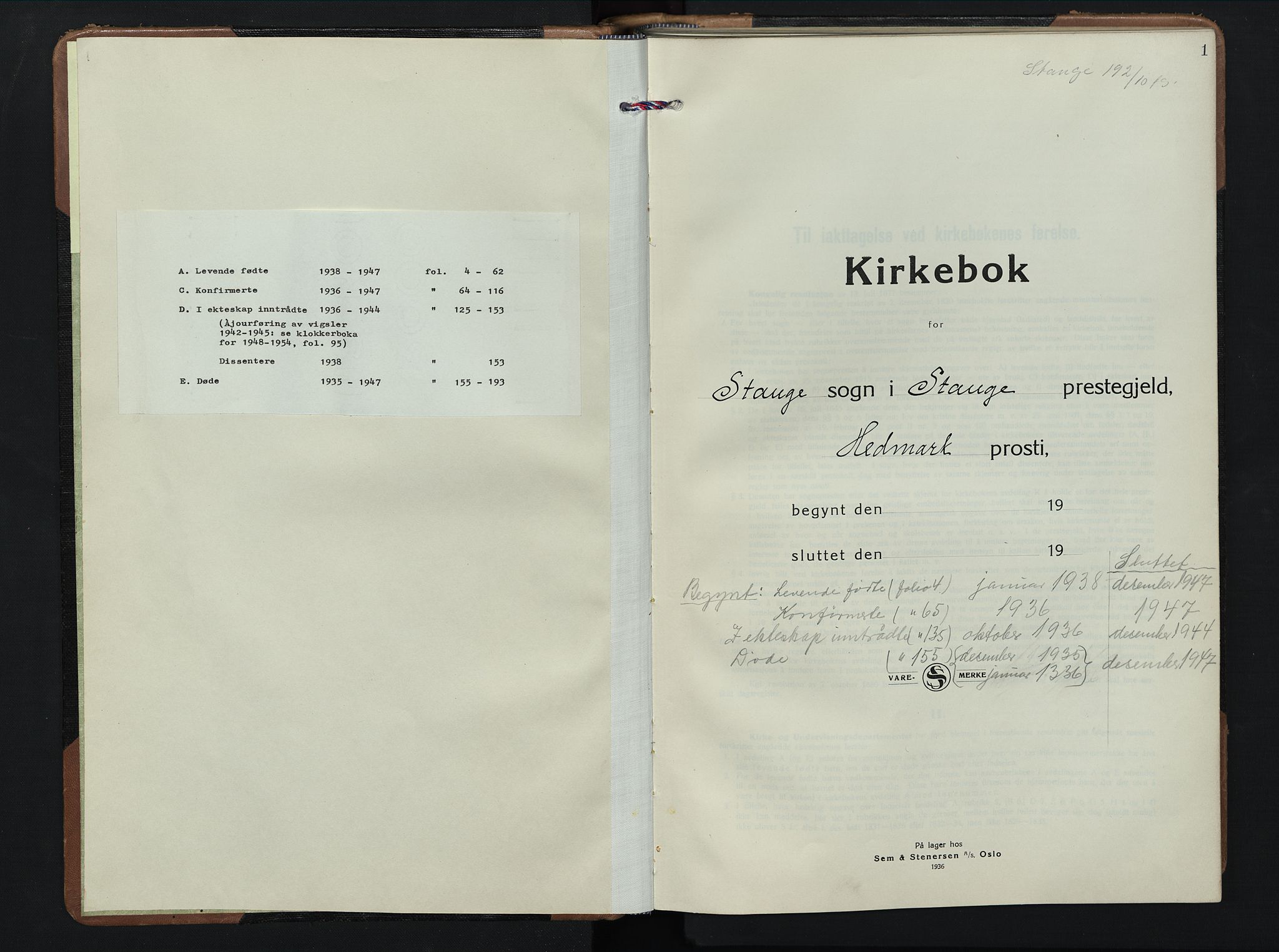 Stange prestekontor, SAH/PREST-002/L/L0020: Klokkerbok nr. 20, 1936-1947, s. 1