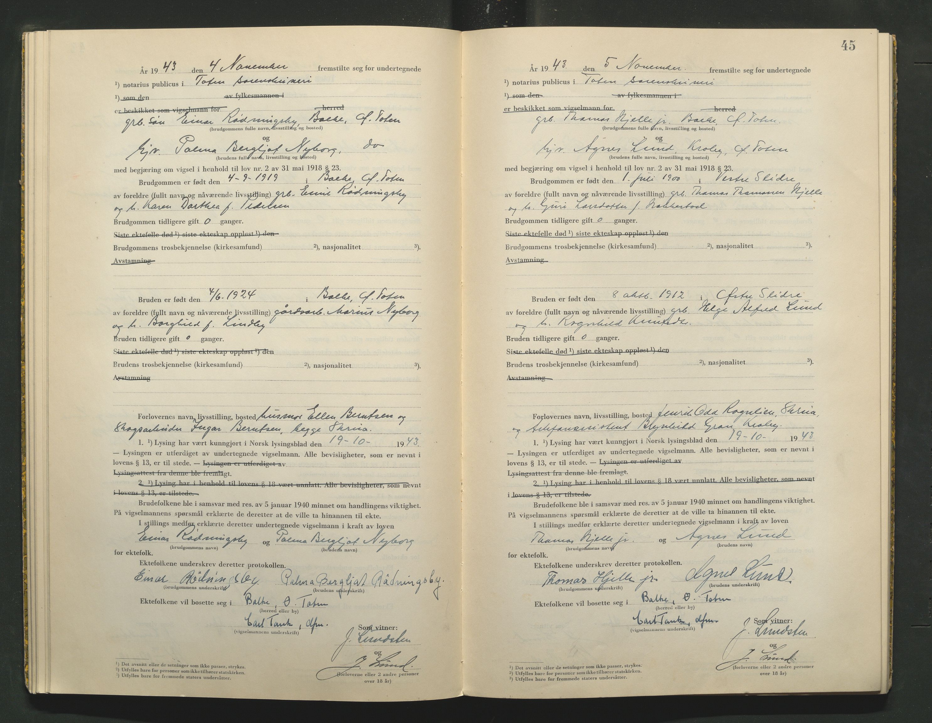 Toten tingrett, AV/SAH-TING-006/L/Lc/L0003: Vigselbok, 1943-1944, s. 45