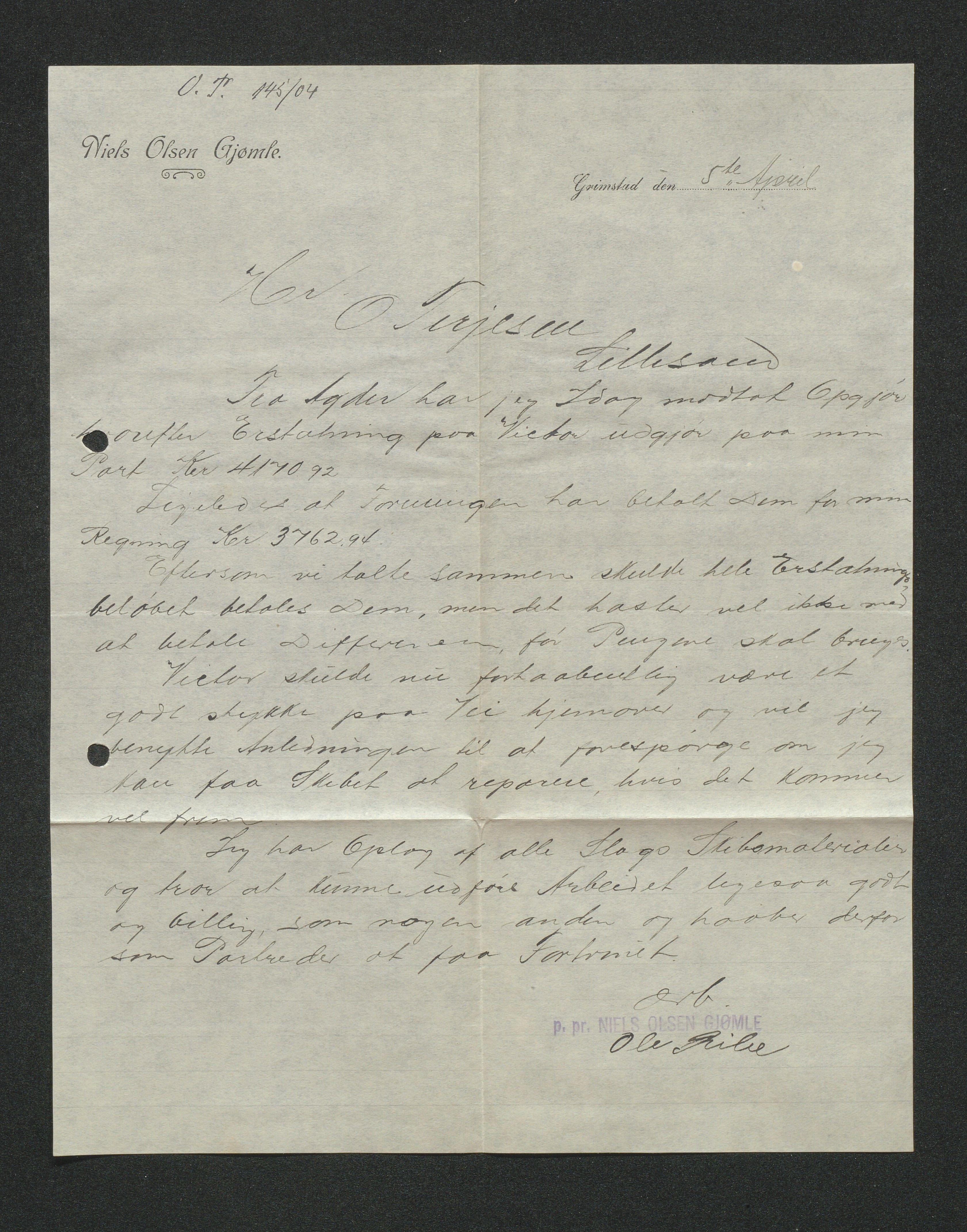 O. Terjesens rederi, AAKS/PA-2525/E/E01/L0013: Korrespondanse, 1904-1905