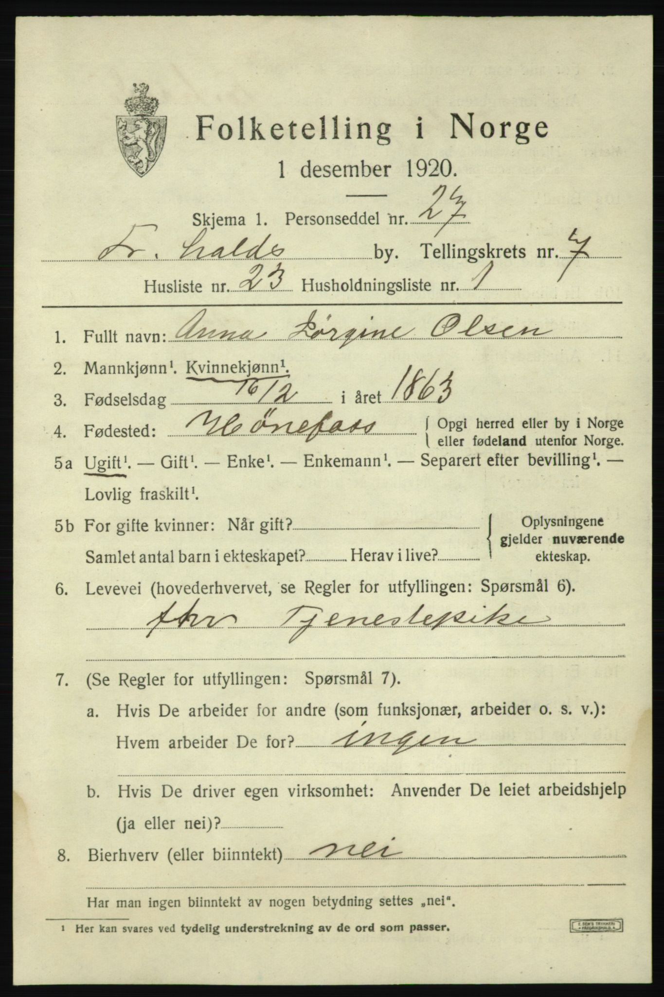 SAO, Folketelling 1920 for 0101 Fredrikshald kjøpstad, 1920, s. 14394