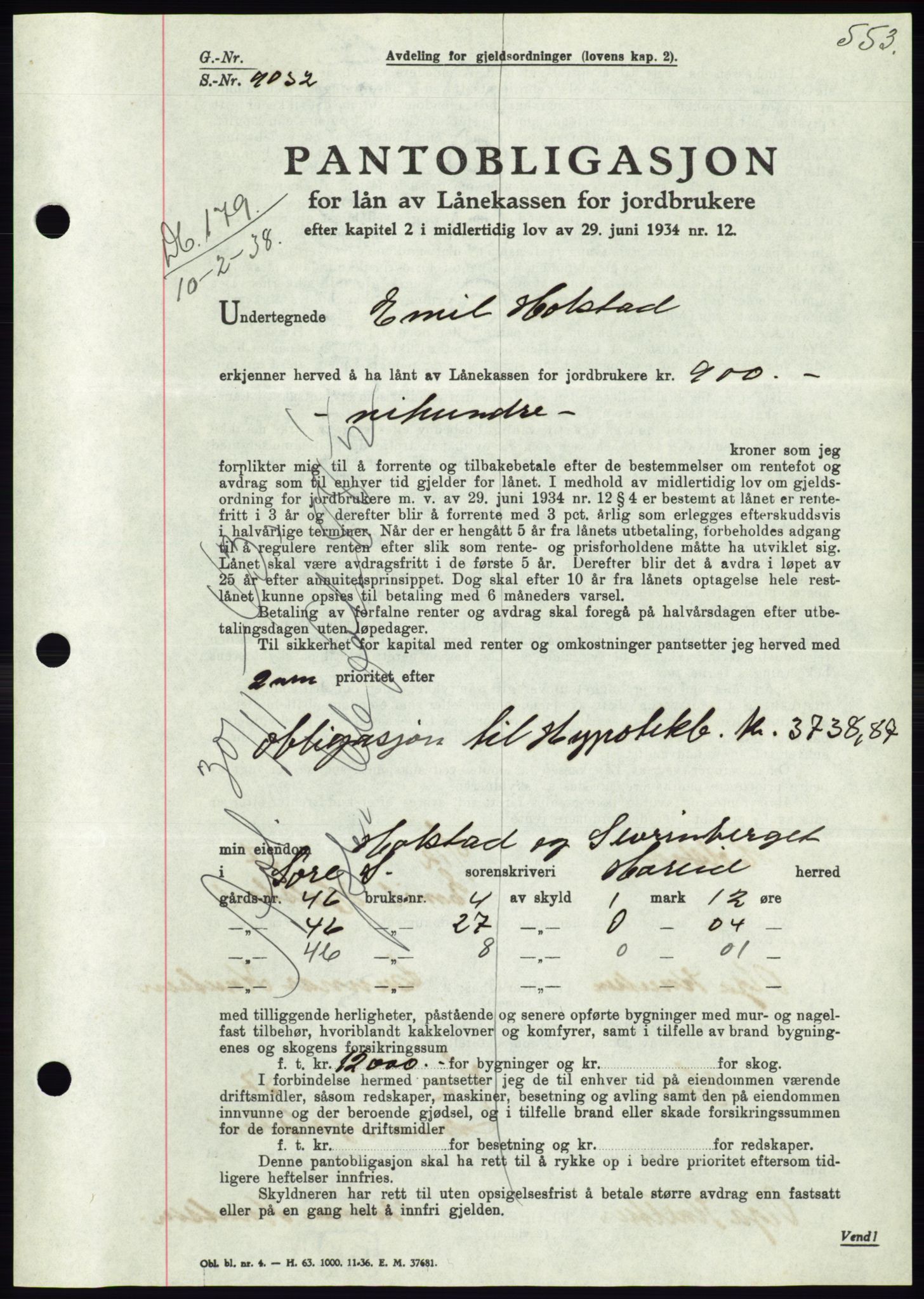 Søre Sunnmøre sorenskriveri, AV/SAT-A-4122/1/2/2C/L0064: Pantebok nr. 58, 1937-1938, Dagboknr: 179/1938