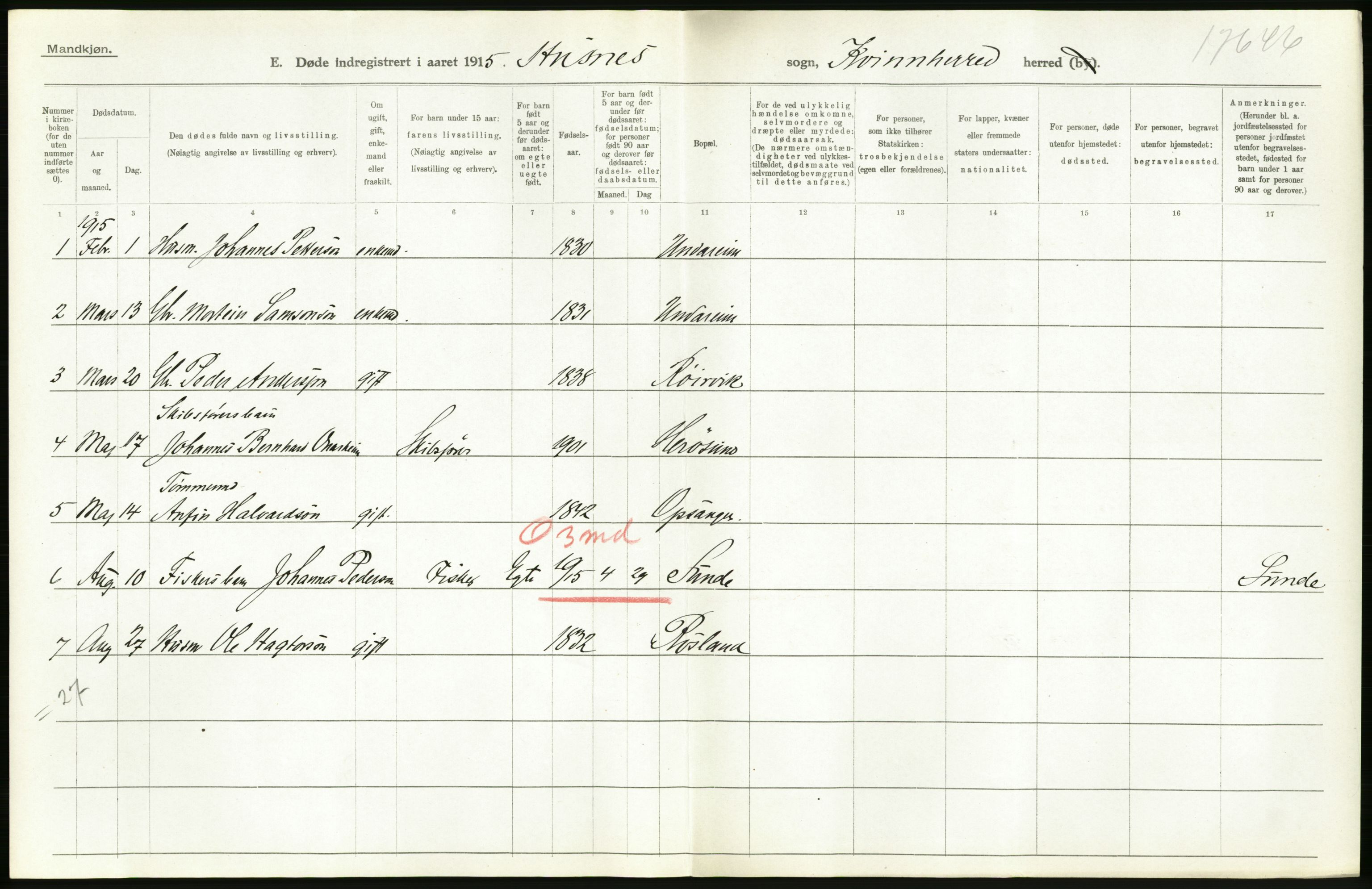 Statistisk sentralbyrå, Sosiodemografiske emner, Befolkning, RA/S-2228/D/Df/Dfb/Dfbe/L0032: S. Bergenhus amt: Døde, dødfødte. Bygder., 1915, s. 16