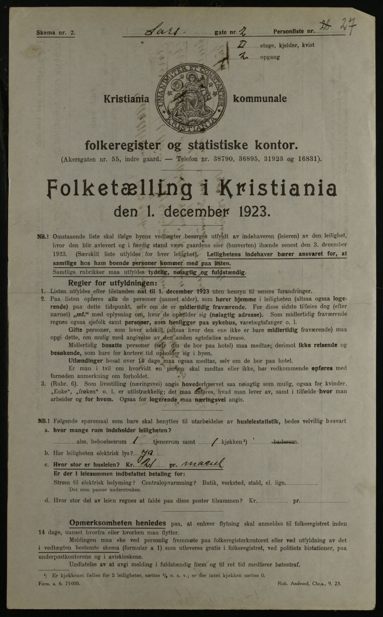 OBA, Kommunal folketelling 1.12.1923 for Kristiania, 1923, s. 99071