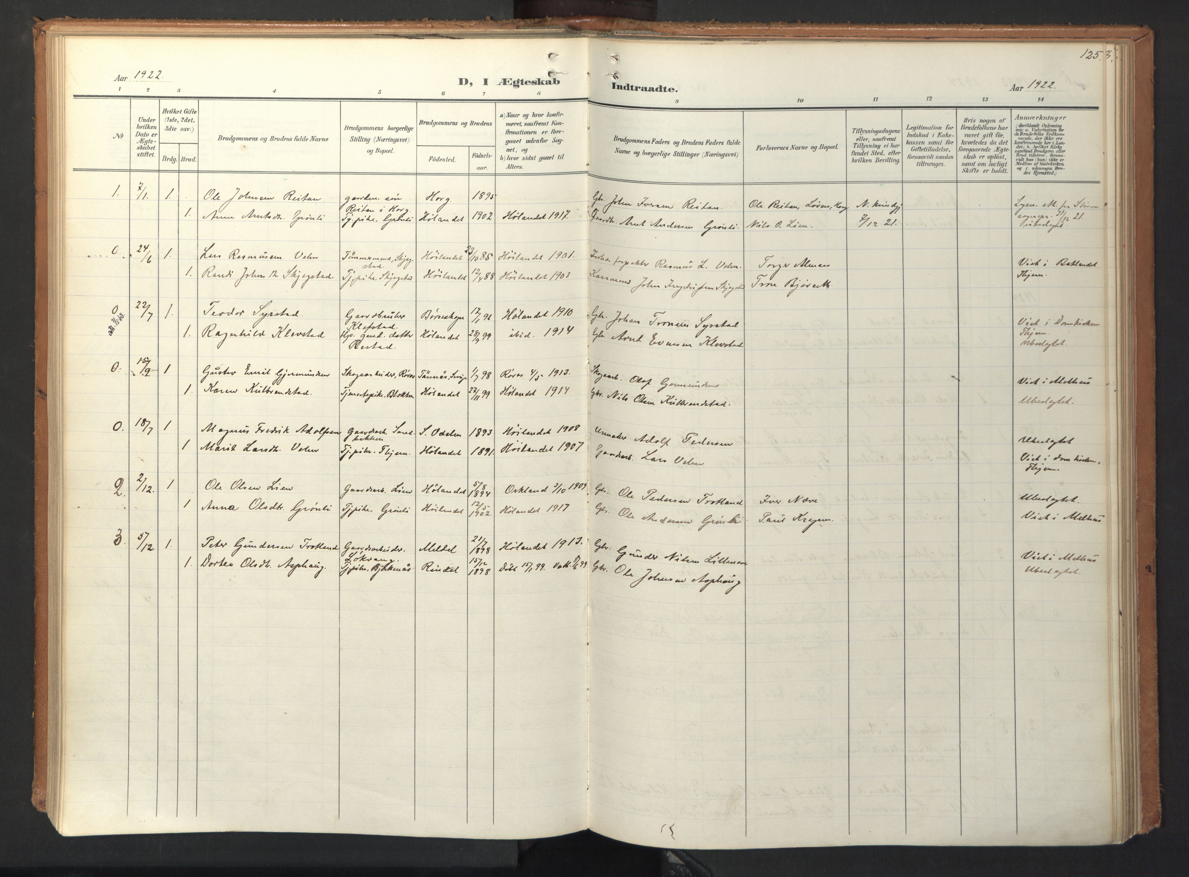 Ministerialprotokoller, klokkerbøker og fødselsregistre - Sør-Trøndelag, AV/SAT-A-1456/694/L1128: Ministerialbok nr. 694A02, 1906-1931, s. 125