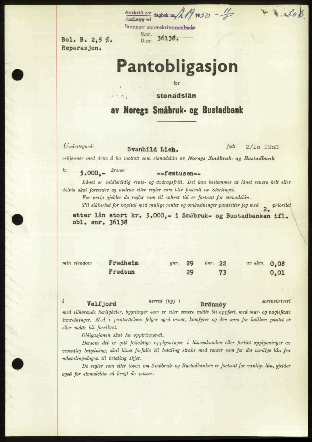 Brønnøy sorenskriveri, SAT/A-4170/1/2/2C: Pantebok nr. 36, 1950-1950, Dagboknr: 1219/1950