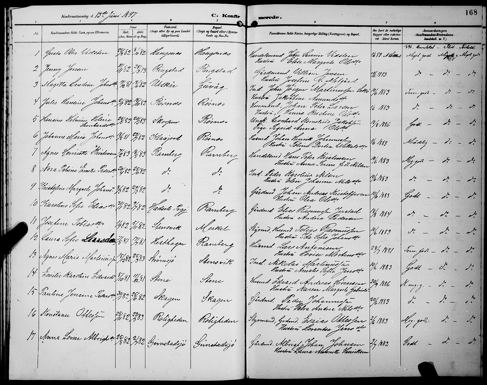 Ministerialprotokoller, klokkerbøker og fødselsregistre - Nordland, SAT/A-1459/891/L1316: Klokkerbok nr. 891C05, 1894-1898, s. 168