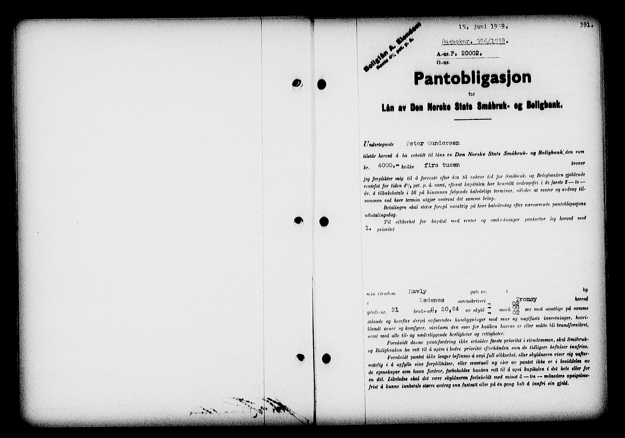 Nedenes sorenskriveri, SAK/1221-0006/G/Gb/Gba/L0046: Pantebok nr. 42, 1938-1939, Dagboknr: 596/1939