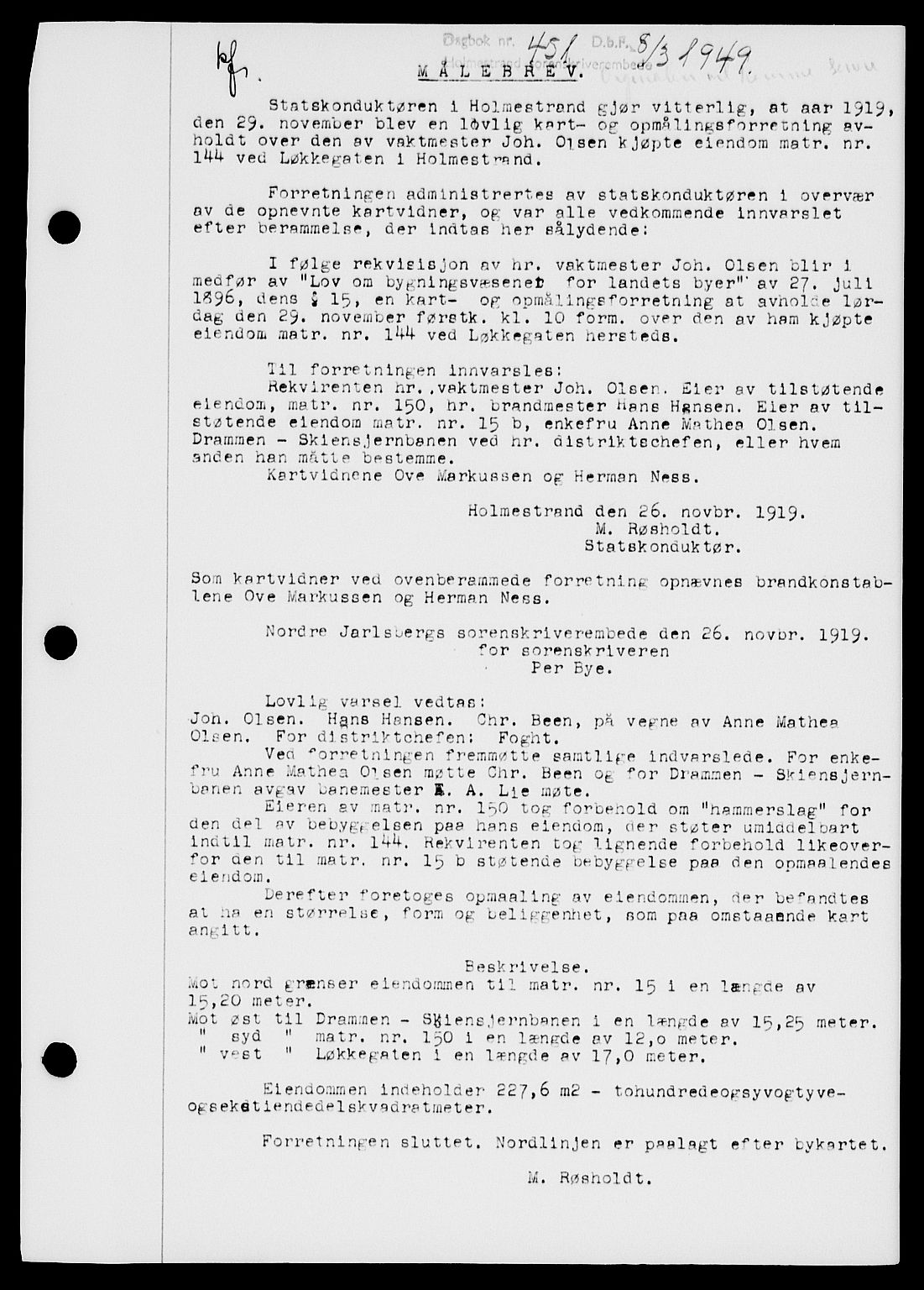 Holmestrand sorenskriveri, SAKO/A-67/G/Ga/Gaa/L0065: Pantebok nr. A-65, 1948-1949, Dagboknr: 451/1949
