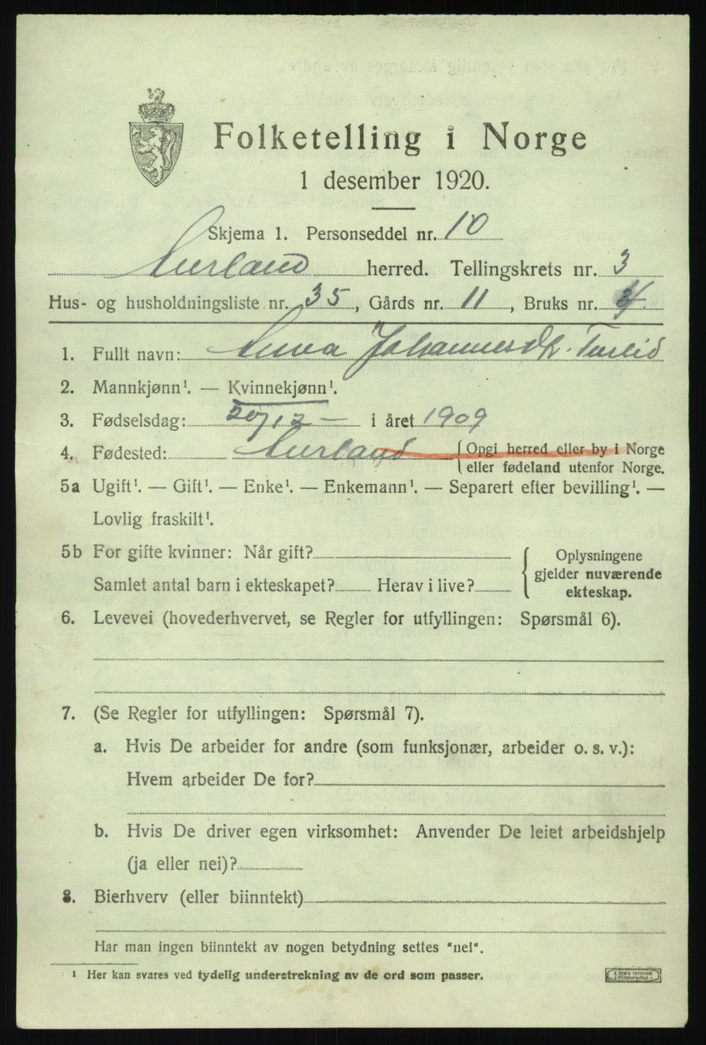 SAB, Folketelling 1920 for 1421 Aurland herred, 1920, s. 2628