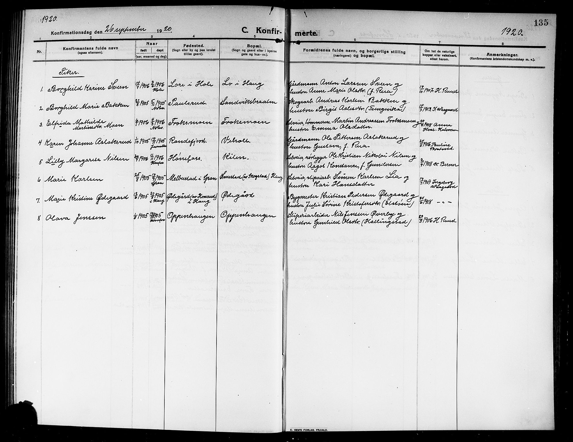 Norderhov kirkebøker, AV/SAKO-A-237/G/Ga/L0009: Klokkerbok nr. I 9, 1913-1920, s. 135