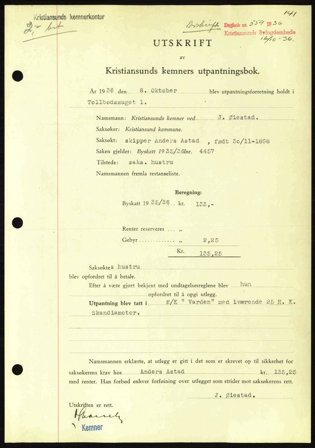 Kristiansund byfogd, SAT/A-4587/A/27: Pantebok nr. 29, 1936-1937, Dagboknr: 559/1936