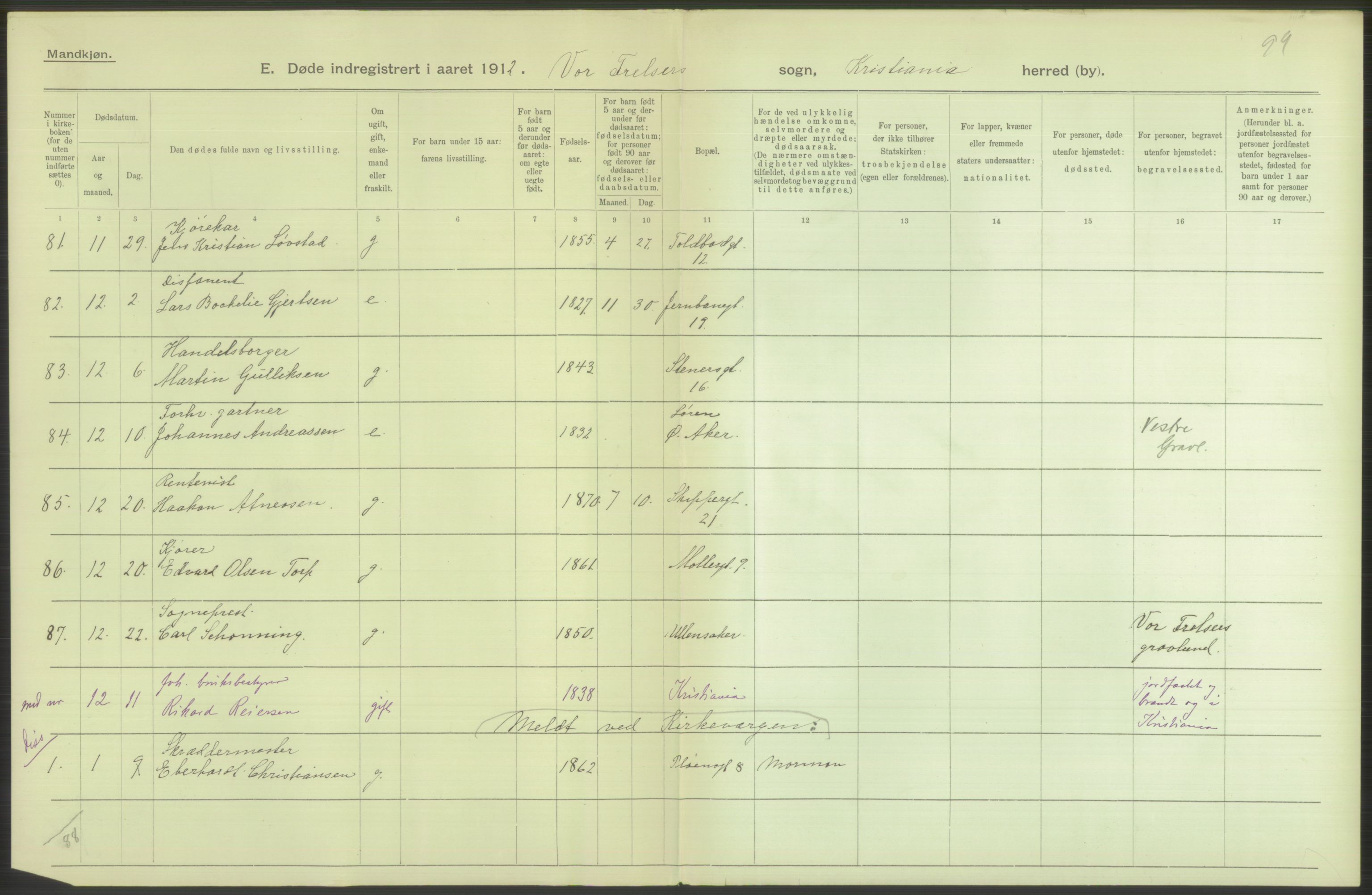 Statistisk sentralbyrå, Sosiodemografiske emner, Befolkning, RA/S-2228/D/Df/Dfb/Dfbb/L0009: Kristiania: Døde, 1912, s. 322